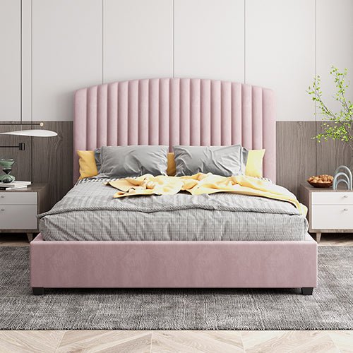 Queen Size Bed Frame with High Headboard and Metal Slats - Pink Velvet - Furniture > Bedroom > Beds & Bed Frames - Rivercity House & Home Co. (ABN 18 642 972 209) - Affordable Modern Furniture Australia