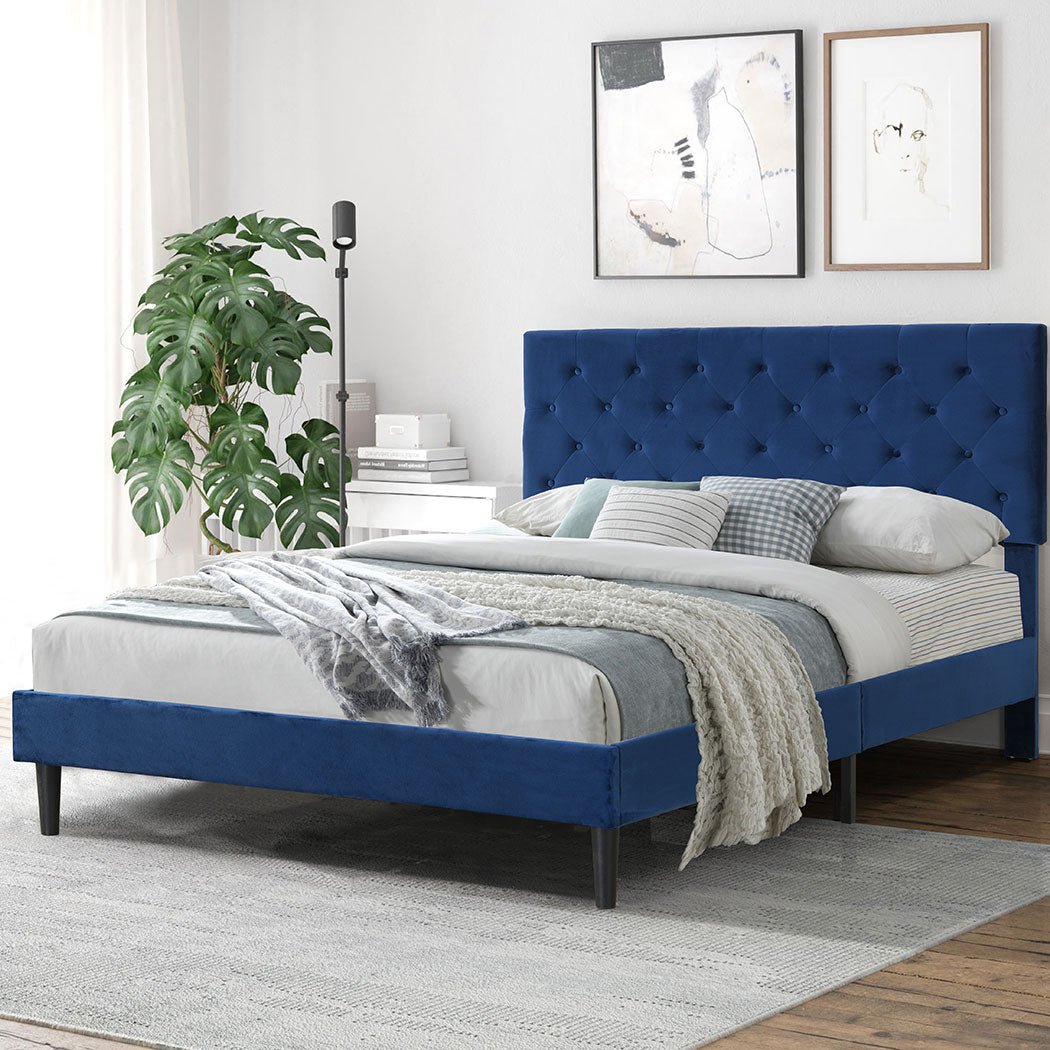 Queen Size Velvet Upholstered Bed Frame with Headboard - Blue - Rivercity House & Home Co. (ABN 18 642 972 209) - Affordable Modern Furniture Australia