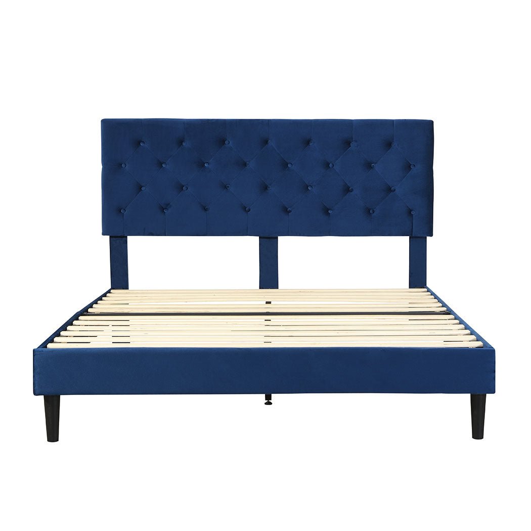 Queen Size Velvet Upholstered Bed Frame with Headboard - Blue - Rivercity House & Home Co. (ABN 18 642 972 209) - Affordable Modern Furniture Australia