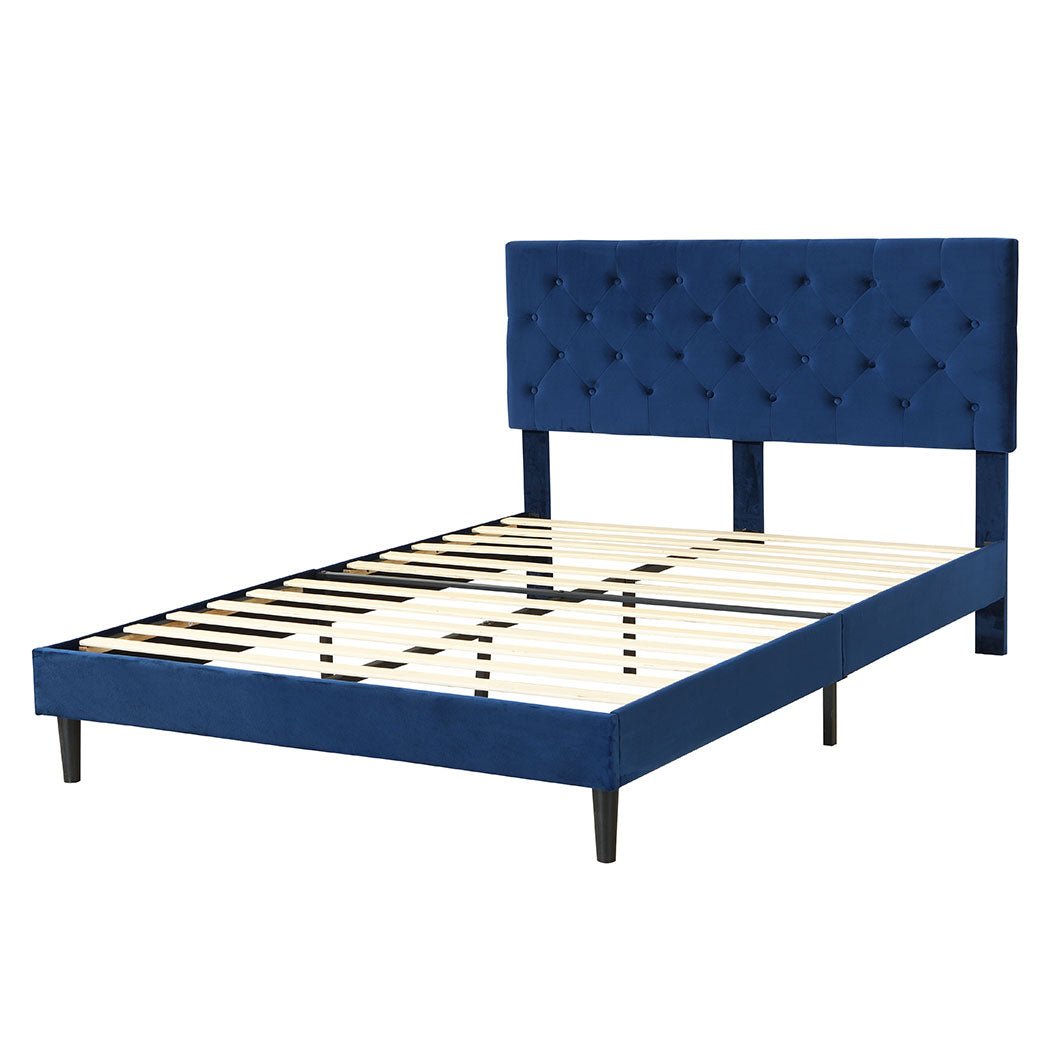 Queen Size Velvet Upholstered Bed Frame with Headboard - Blue - Rivercity House & Home Co. (ABN 18 642 972 209) - Affordable Modern Furniture Australia