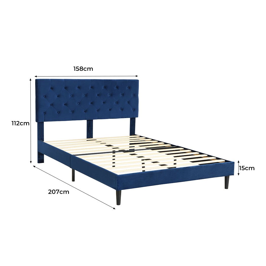 Queen Size Velvet Upholstered Bed Frame with Headboard - Blue - Rivercity House & Home Co. (ABN 18 642 972 209) - Affordable Modern Furniture Australia