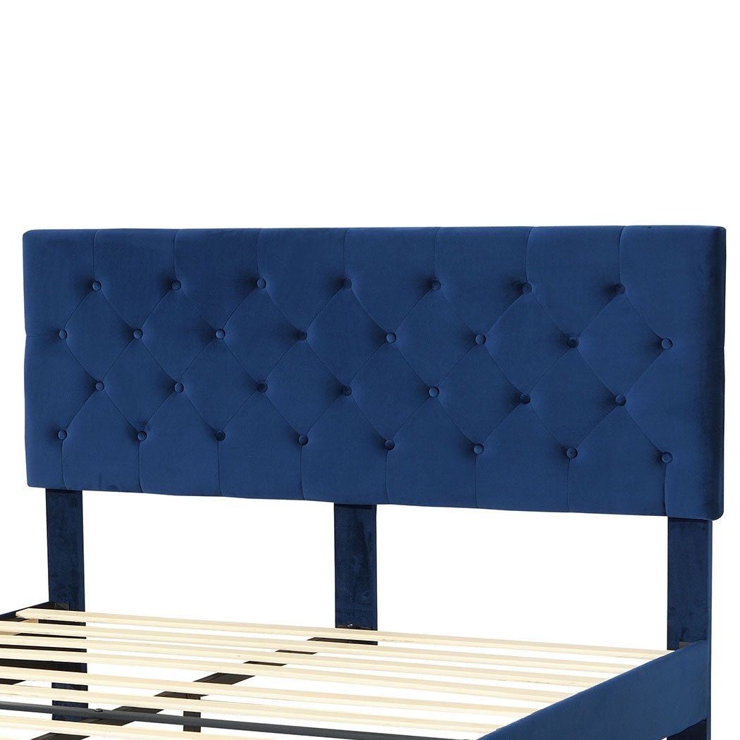 Queen Size Velvet Upholstered Bed Frame with Headboard - Blue - Rivercity House & Home Co. (ABN 18 642 972 209) - Affordable Modern Furniture Australia