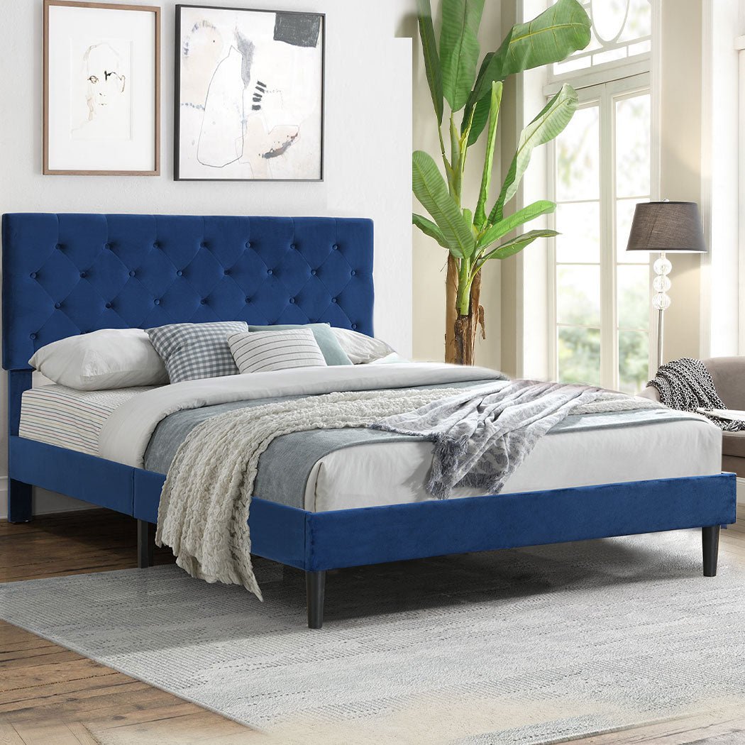 Queen Size Velvet Upholstered Bed Frame with Headboard - Blue - Rivercity House & Home Co. (ABN 18 642 972 209) - Affordable Modern Furniture Australia