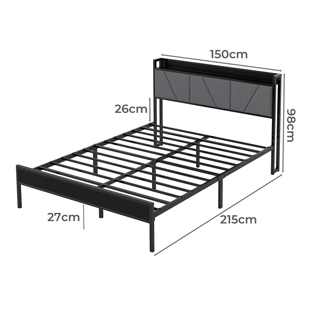 Queen Steel Bed Frame with Upholstered Headboard and Storage - Grey - Rivercity House & Home Co. (ABN 18 642 972 209) - Affordable Modern Furniture Australia