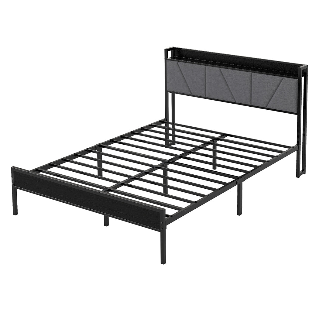 Queen Steel Bed Frame with Upholstered Headboard and Storage - Grey - Rivercity House & Home Co. (ABN 18 642 972 209) - Affordable Modern Furniture Australia