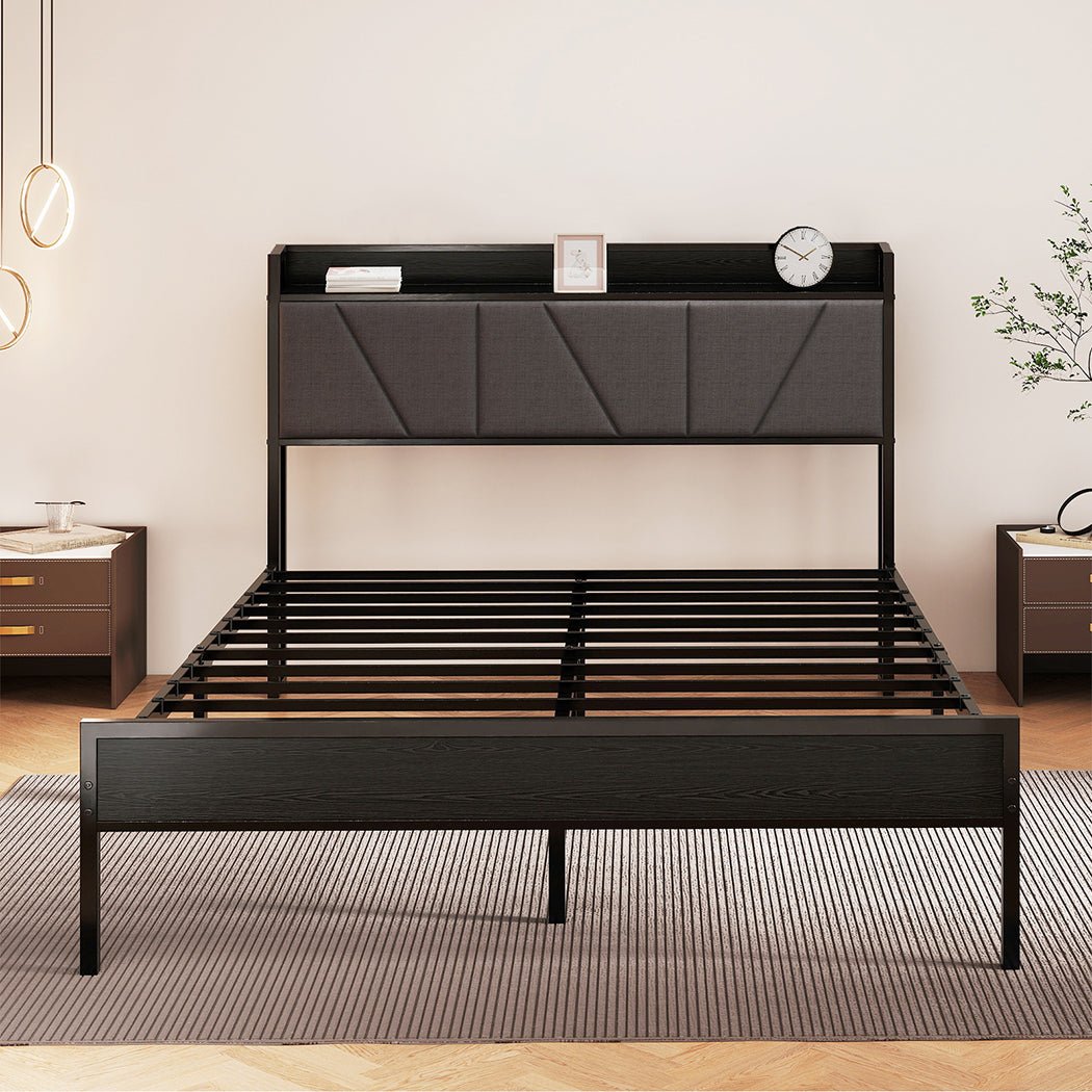 Queen Steel Bed Frame with Upholstered Headboard and Storage - Grey - Rivercity House & Home Co. (ABN 18 642 972 209) - Affordable Modern Furniture Australia