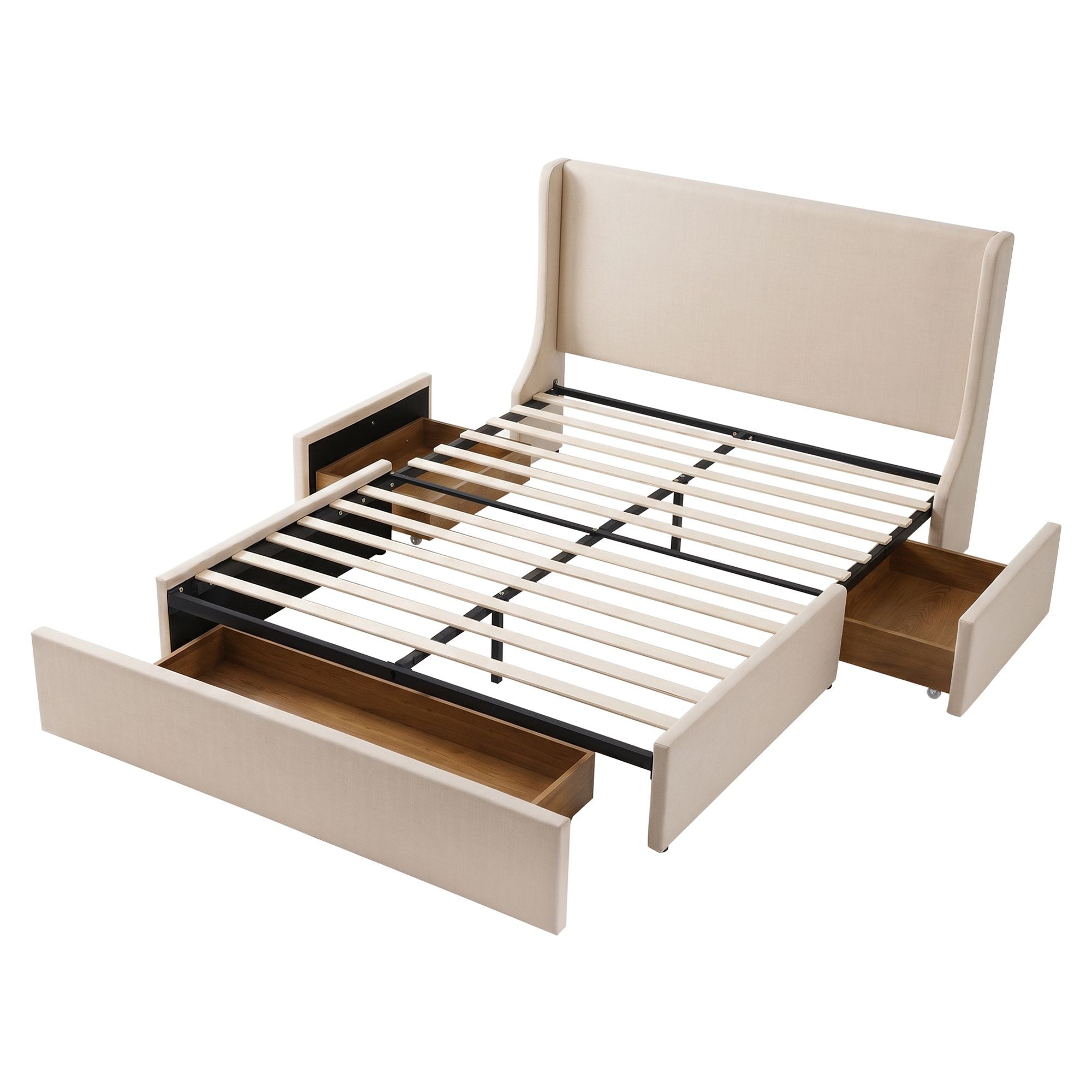 Queen Upholstered Bed Frame with 3 Storage Drawers and Wingback Headboard - Off-White - Furniture > Bedroom > Beds & Bed Frames - Rivercity House & Home Co. (ABN 18 642 972 209) - Affordable Modern Furniture Australia