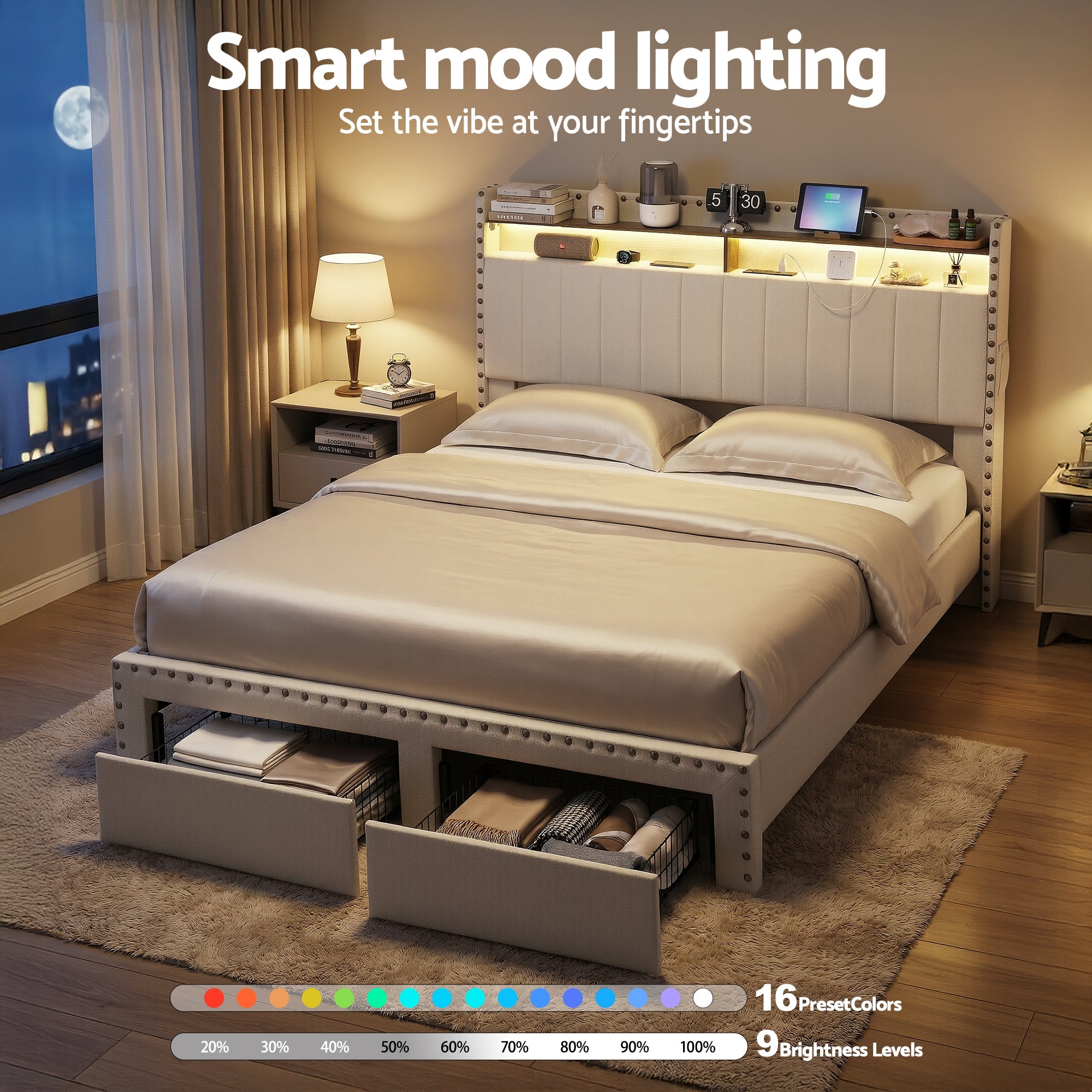 Queen Upholstered Bed Frame with Shelf Storage Drawers Charging Station Mood Lighting Linen - Furniture > Bedroom > Beds & Bed Frames - Rivercity House & Home Co. (ABN 18 642 972 209) - Affordable Modern Furniture Australia