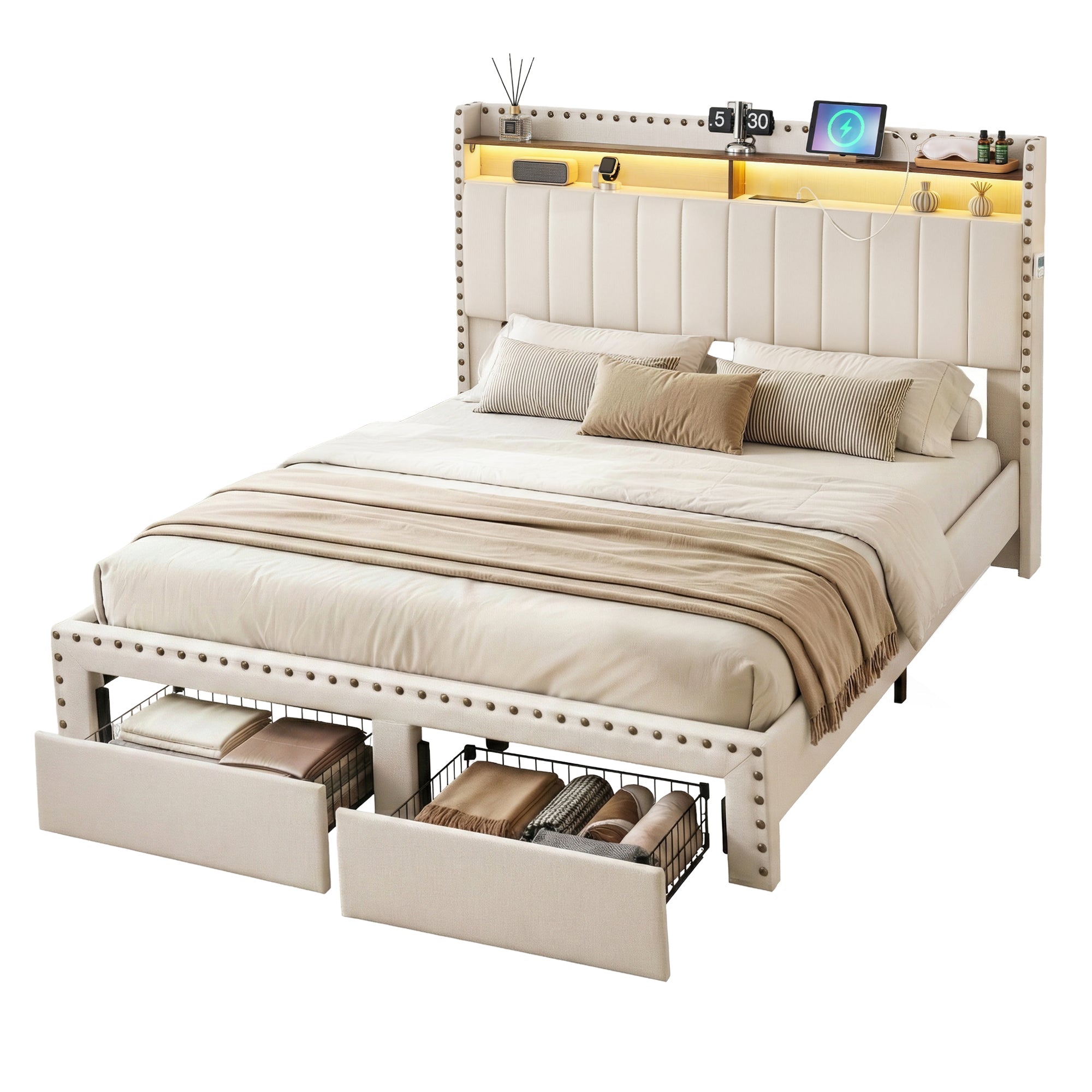 Queen Upholstered Bed Frame with Shelf Storage Drawers Charging Station Mood Lighting Linen - Furniture > Bedroom > Beds & Bed Frames - Rivercity House & Home Co. (ABN 18 642 972 209) - Affordable Modern Furniture Australia