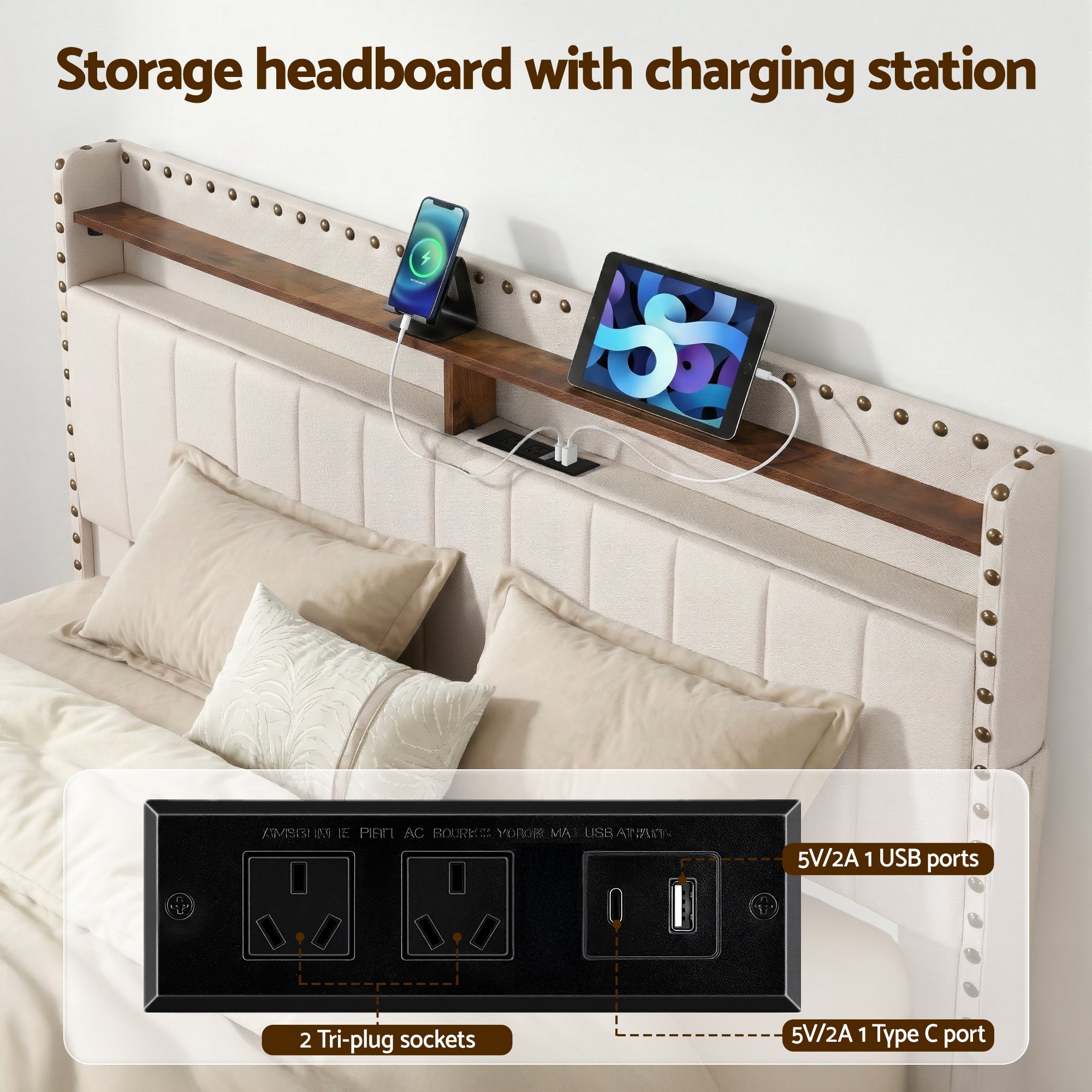 Queen Upholstered Bed Frame with Shelf Storage Drawers Charging Station Mood Lighting Linen - Furniture > Bedroom > Beds & Bed Frames - Rivercity House & Home Co. (ABN 18 642 972 209) - Affordable Modern Furniture Australia