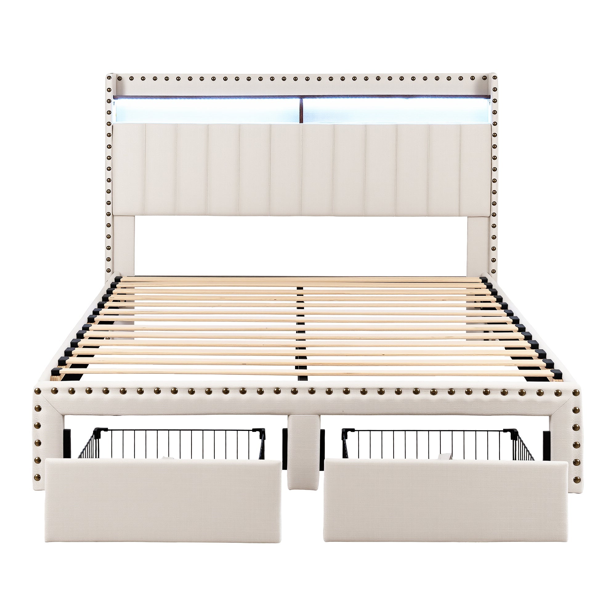 Queen Upholstered Bed Frame with Shelf Storage Drawers Charging Station Mood Lighting Linen - Furniture > Bedroom > Beds & Bed Frames - Rivercity House & Home Co. (ABN 18 642 972 209) - Affordable Modern Furniture Australia
