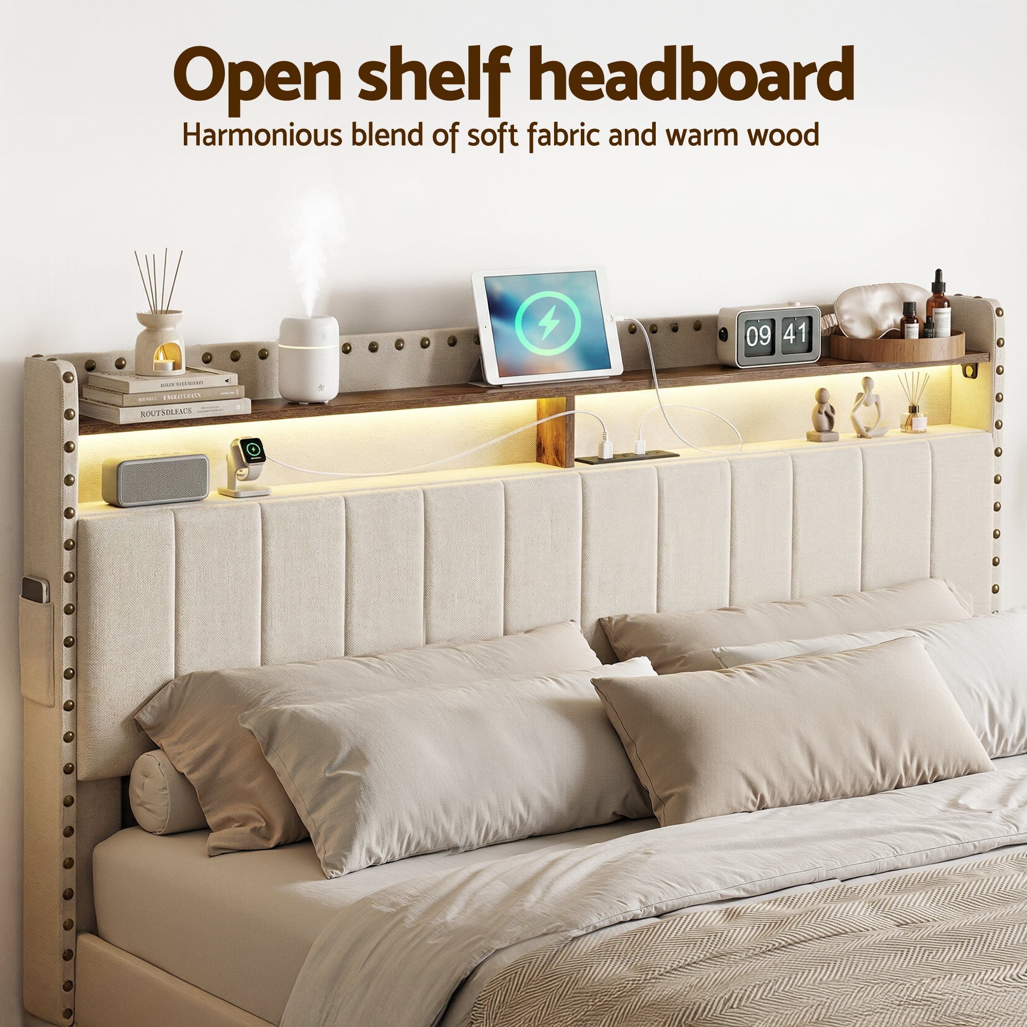 Queen Upholstered Bed Frame with Shelf Storage Drawers Charging Station Mood Lighting Linen - Furniture > Bedroom > Beds & Bed Frames - Rivercity House & Home Co. (ABN 18 642 972 209) - Affordable Modern Furniture Australia