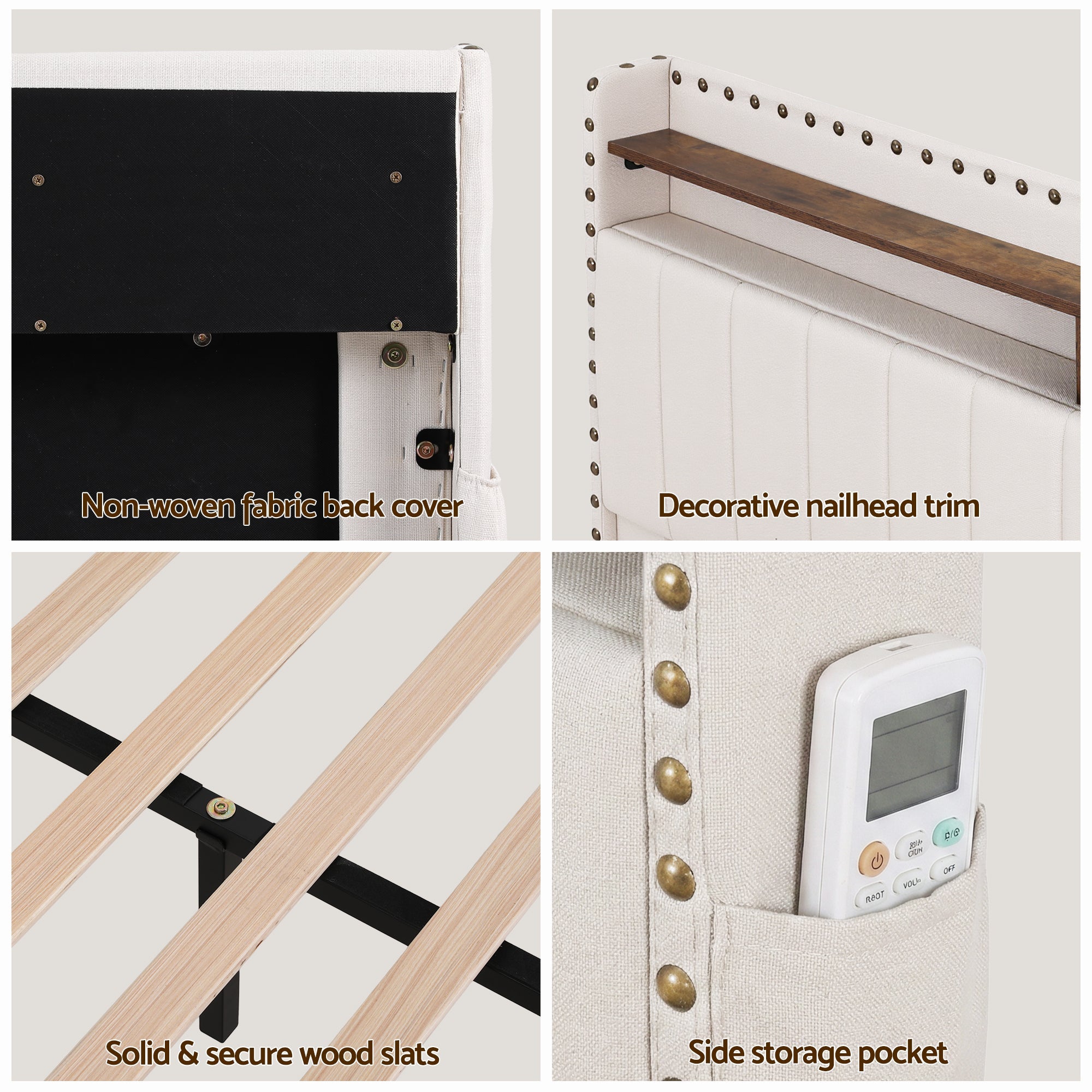 Queen Upholstered Bed Frame with Shelf Storage Drawers Charging Station Mood Lighting Linen - Furniture > Bedroom > Beds & Bed Frames - Rivercity House & Home Co. (ABN 18 642 972 209) - Affordable Modern Furniture Australia