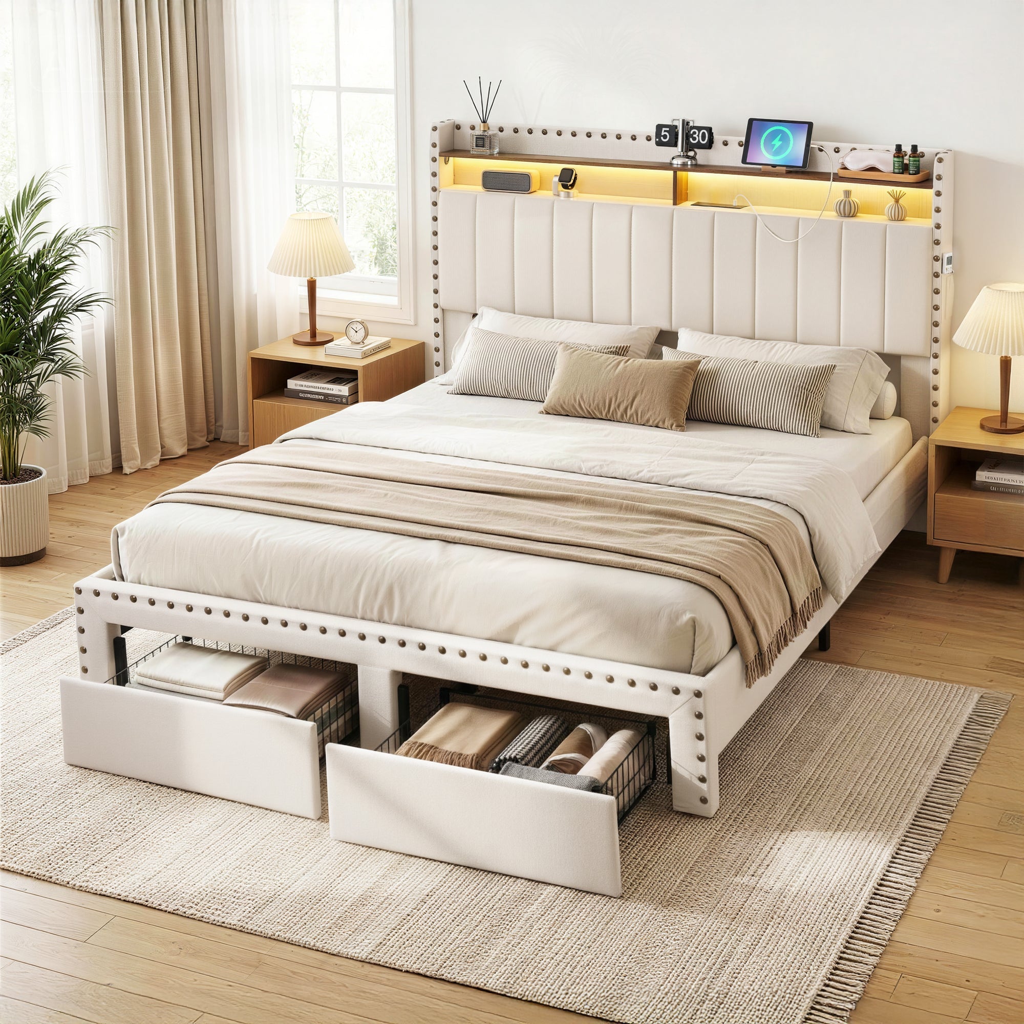 Queen Upholstered Bed Frame with Shelf Storage Drawers Charging Station Mood Lighting Linen - Furniture > Bedroom > Beds & Bed Frames - Rivercity House & Home Co. (ABN 18 642 972 209) - Affordable Modern Furniture Australia