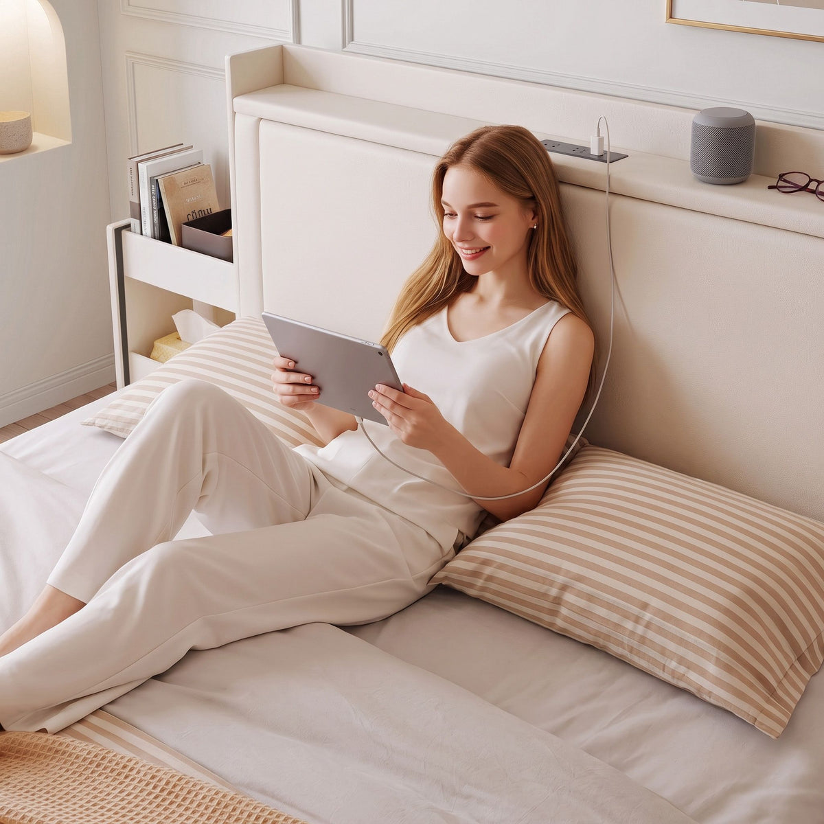 Queen Upholstered Bed Frame with USB Charging and Side Storage Shelves - Beige - Furniture > Bedroom > Beds & Bed Frames - Rivercity House & Home Co. (ABN 18 642 972 209) - Affordable Modern Furniture Australia