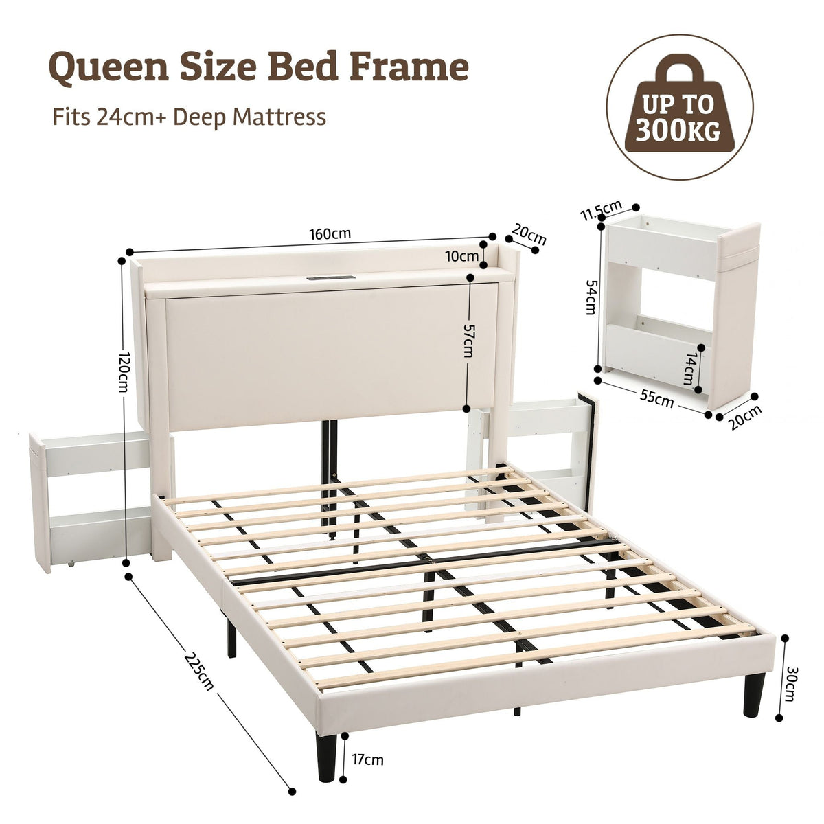 Queen Upholstered Bed Frame with USB Charging and Side Storage Shelves - Beige - Furniture > Bedroom > Beds & Bed Frames - Rivercity House & Home Co. (ABN 18 642 972 209) - Affordable Modern Furniture Australia