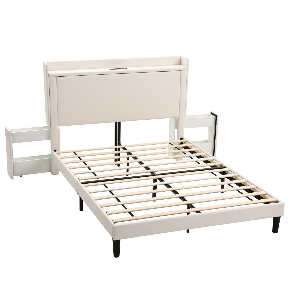 Queen Upholstered Bed Frame with USB Charging and Side Storage Shelves - Beige - Furniture > Bedroom > Beds & Bed Frames - Rivercity House & Home Co. (ABN 18 642 972 209) - Affordable Modern Furniture Australia