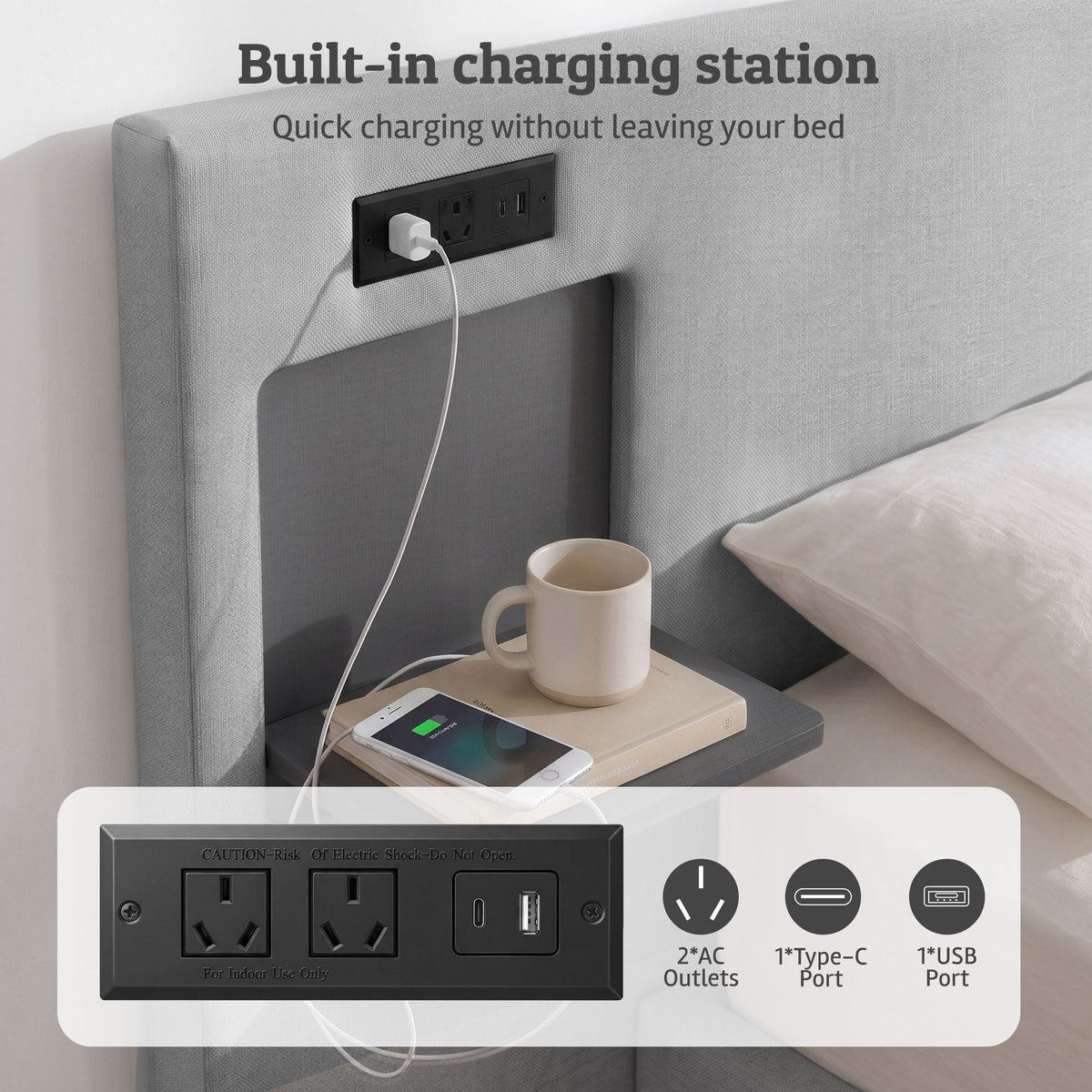 Queen Upholstered Headboard with Foldable Table and Charging Station - Grey - Furniture > Bedroom > Headboards - Rivercity House & Home Co. (ABN 18 642 972 209) - Affordable Modern Furniture Australia