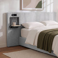 Queen Upholstered Headboard with Foldable Table and Charging Station - Grey