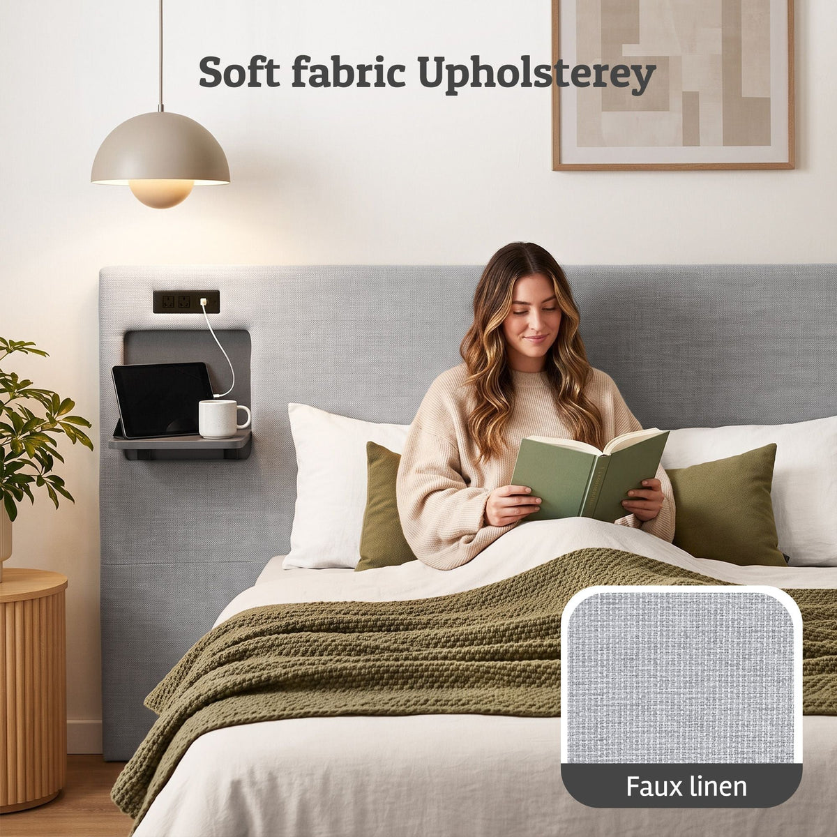 Queen Upholstered Headboard with Foldable Table and Charging Station - Grey - Furniture > Bedroom > Headboards - Rivercity House & Home Co. (ABN 18 642 972 209) - Affordable Modern Furniture Australia