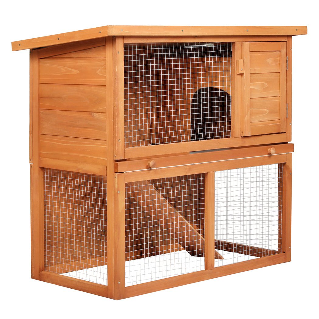Rabbit Hutch 2 - Tier Fir Wood Pet Home with Ramp - Brown - Rivercity House & Home Co. (ABN 18 642 972 209) - Affordable Modern Furniture Australia