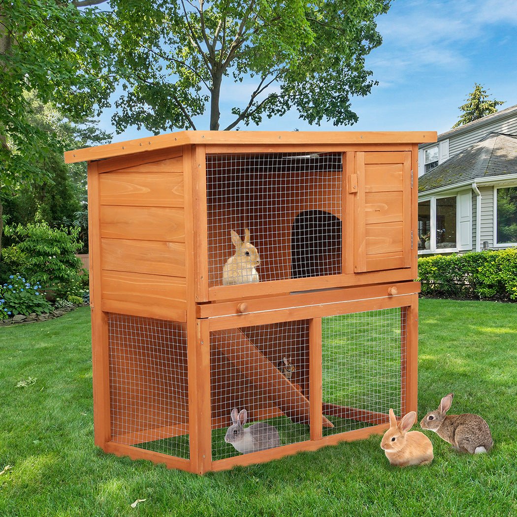 Rabbit Hutch 2 - Tier Fir Wood Pet Home with Ramp - Brown - Rivercity House & Home Co. (ABN 18 642 972 209) - Affordable Modern Furniture Australia