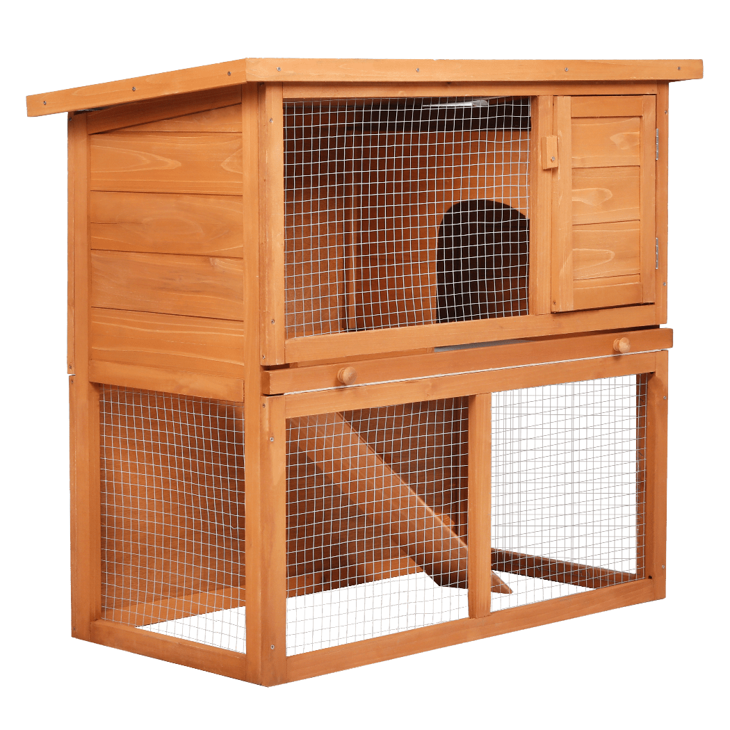 Rabbit Hutch 2 - Tier Fir Wood Pet Home with Ramp - Brown - Rivercity House & Home Co. (ABN 18 642 972 209) - Affordable Modern Furniture Australia