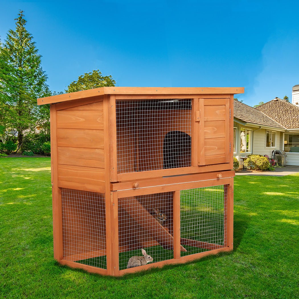 Rabbit Hutch 2 - Tier Fir Wood Pet Home with Ramp - Brown - Rivercity House & Home Co. (ABN 18 642 972 209) - Affordable Modern Furniture Australia