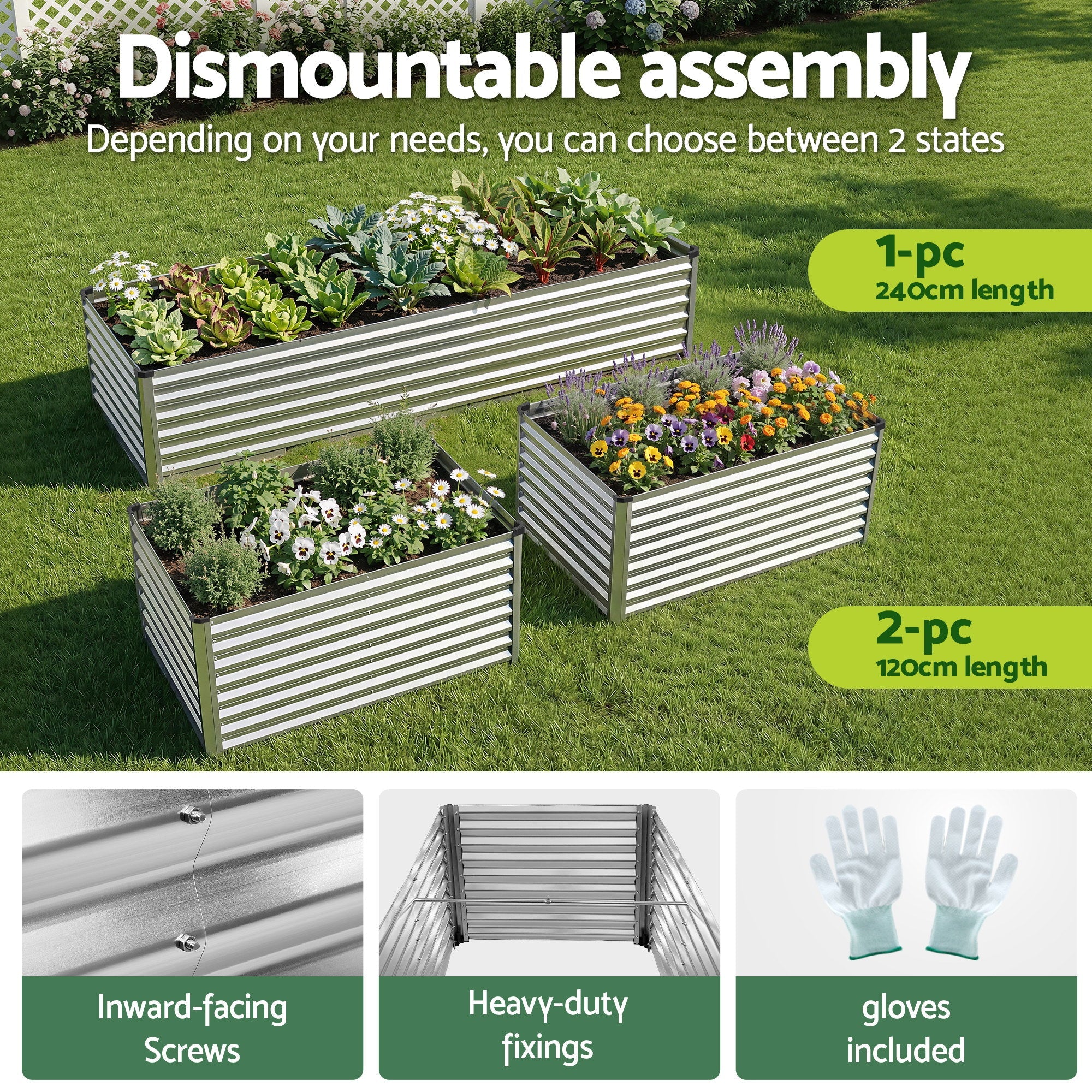 Raised Garden Bed 2 in 1 Modular Galvanised Planter Box Rust Resistant 240x80x60cm - Home & Garden > Garden Beds > Garden Beds & Planters - Rivercity House & Home Co. (ABN 18 642 972 209) - Affordable Modern Furniture Australia