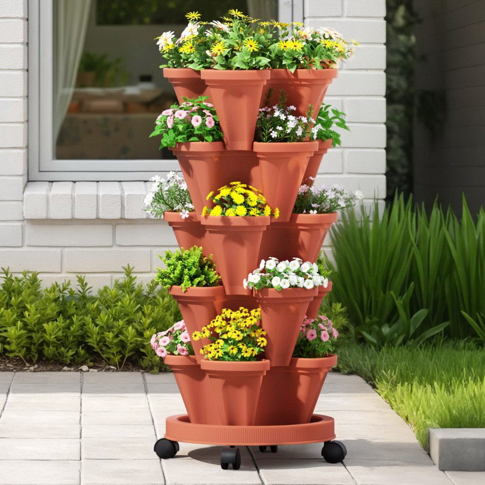 Raised Garden Bed 5 Tier Vertical Garden Brick Red Strawberry Stackable Planters Herbs Petunias - Home & Garden > Garden Beds > Garden Beds & Planters - Rivercity House & Home Co. (ABN 18 642 972 209) - Affordable Modern Furniture Australia