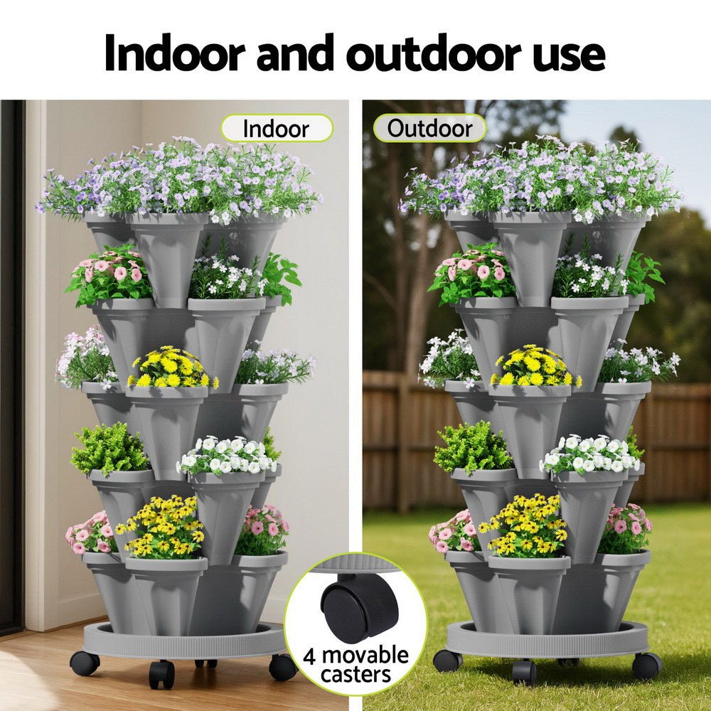 Raised Garden Bed 5 Tier Vertical Garden Grey Strawberry Stackable Planters Herbs Petunias - Home & Garden > Garden Beds > Garden Beds & Planters - Rivercity House & Home Co. (ABN 18 642 972 209) - Affordable Modern Furniture Australia