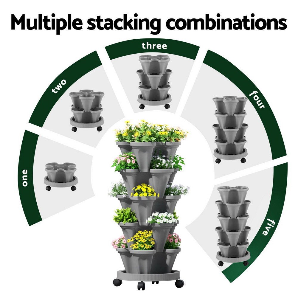 Raised Garden Bed 5 Tier Vertical Garden Grey Strawberry Stackable Planters Herbs Petunias - Home & Garden > Garden Beds > Garden Beds & Planters - Rivercity House & Home Co. (ABN 18 642 972 209) - Affordable Modern Furniture Australia