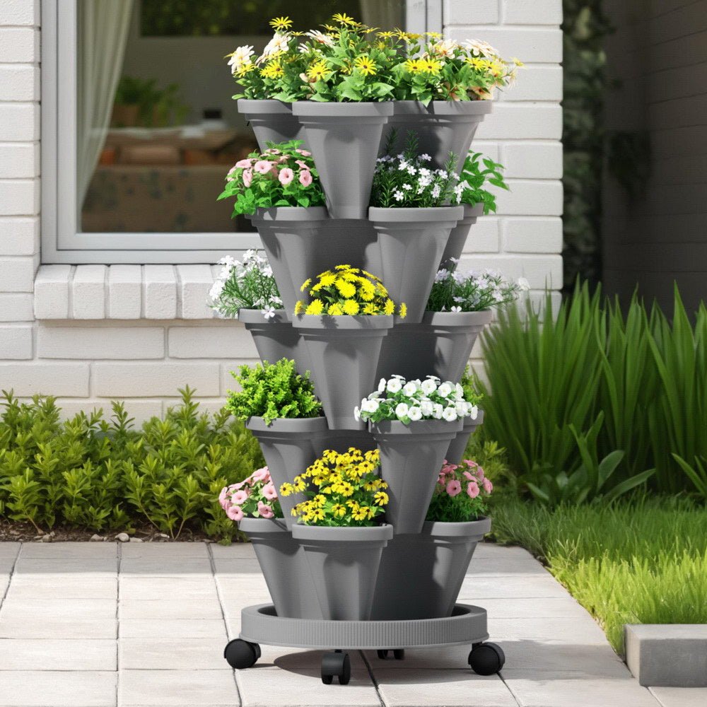 Raised Garden Bed 5 Tier Vertical Garden Grey Strawberry Stackable Planters Herbs Petunias - Home & Garden > Garden Beds > Garden Beds & Planters - Rivercity House & Home Co. (ABN 18 642 972 209) - Affordable Modern Furniture Australia