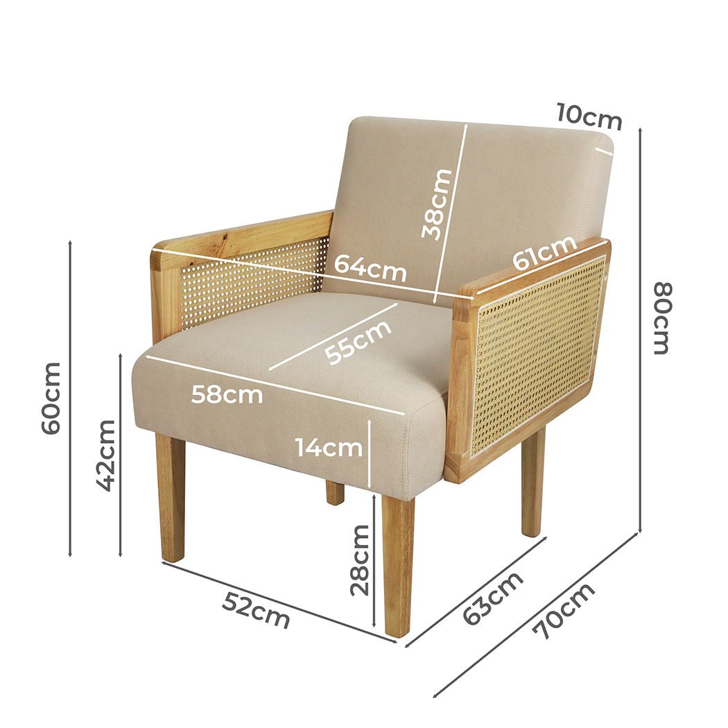 Rattan Lounge Armchair with Linen Cushion and Rubberwood Frame - Natural - Rivercity House & Home Co. (ABN 18 642 972 209) - Affordable Modern Furniture Australia