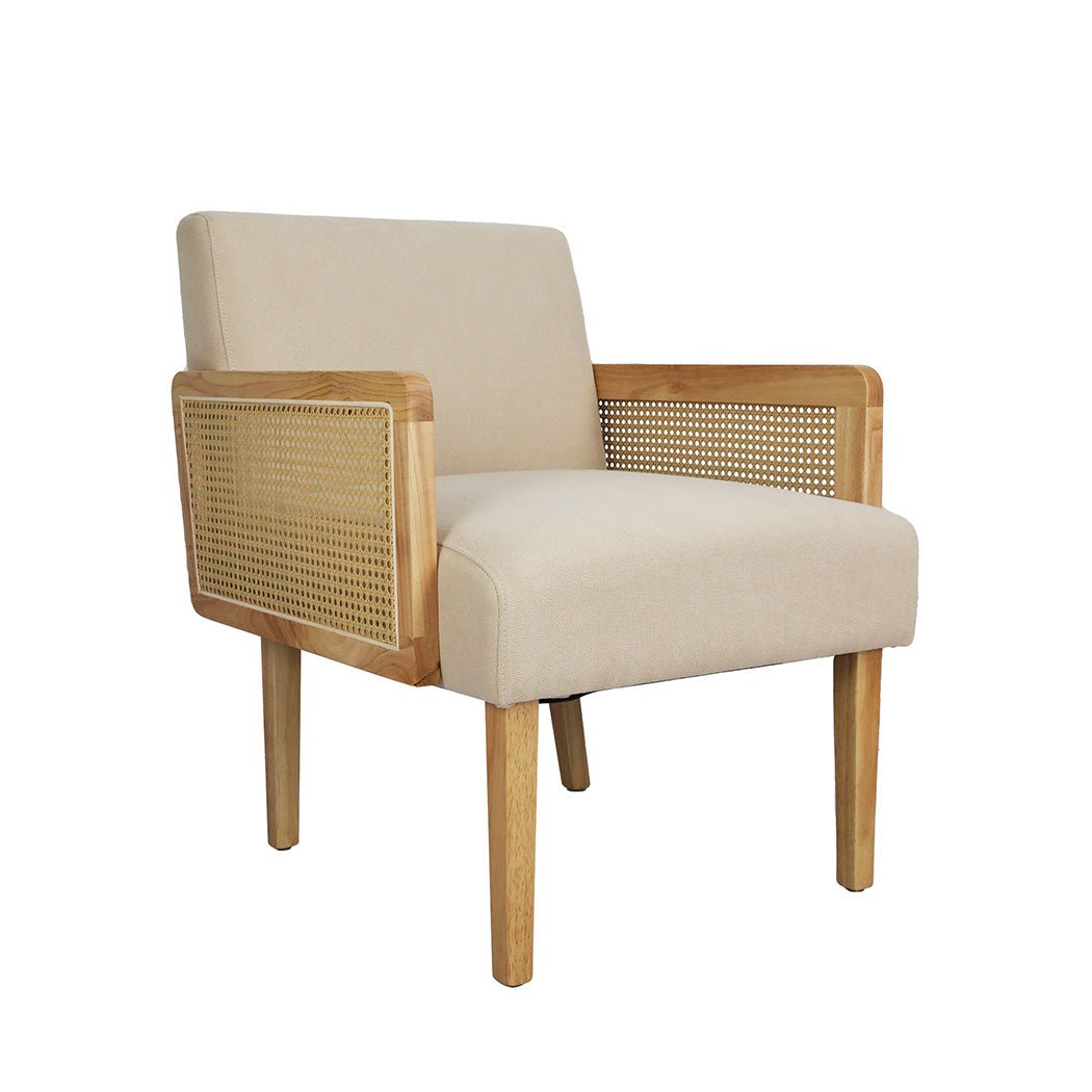 Rattan Lounge Armchair with Linen Cushion and Rubberwood Frame - Natural - Rivercity House & Home Co. (ABN 18 642 972 209) - Affordable Modern Furniture Australia