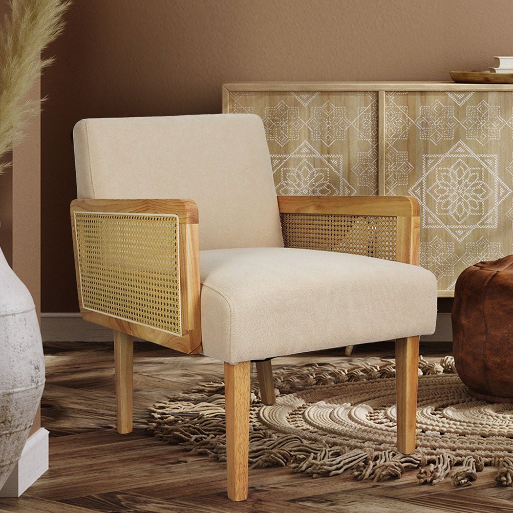 Rattan Lounge Armchair with Linen Cushion and Rubberwood Frame - Natural - Rivercity House & Home Co. (ABN 18 642 972 209) - Affordable Modern Furniture Australia