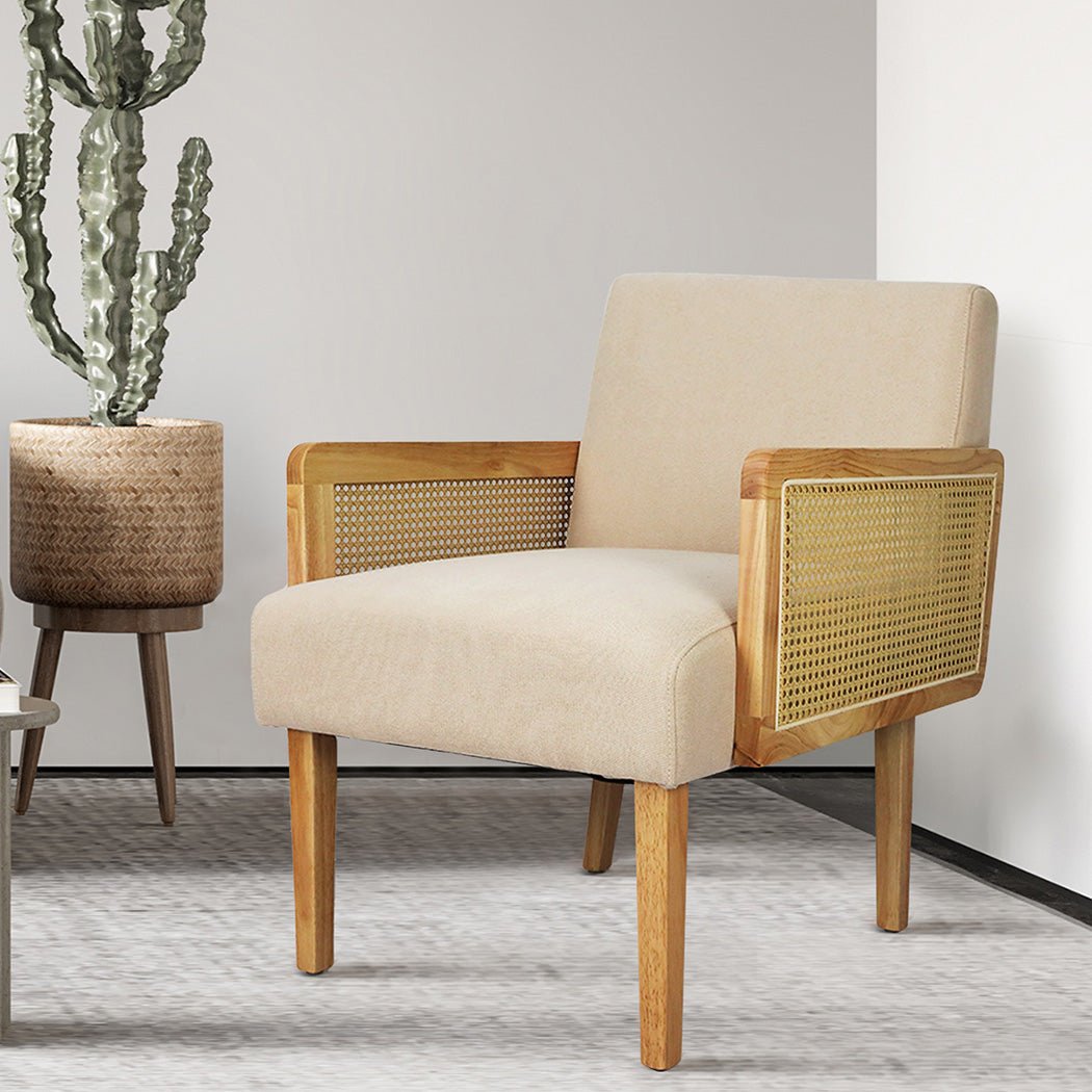 Rattan Lounge Armchair with Linen Cushion and Rubberwood Frame - Natural - Rivercity House & Home Co. (ABN 18 642 972 209) - Affordable Modern Furniture Australia