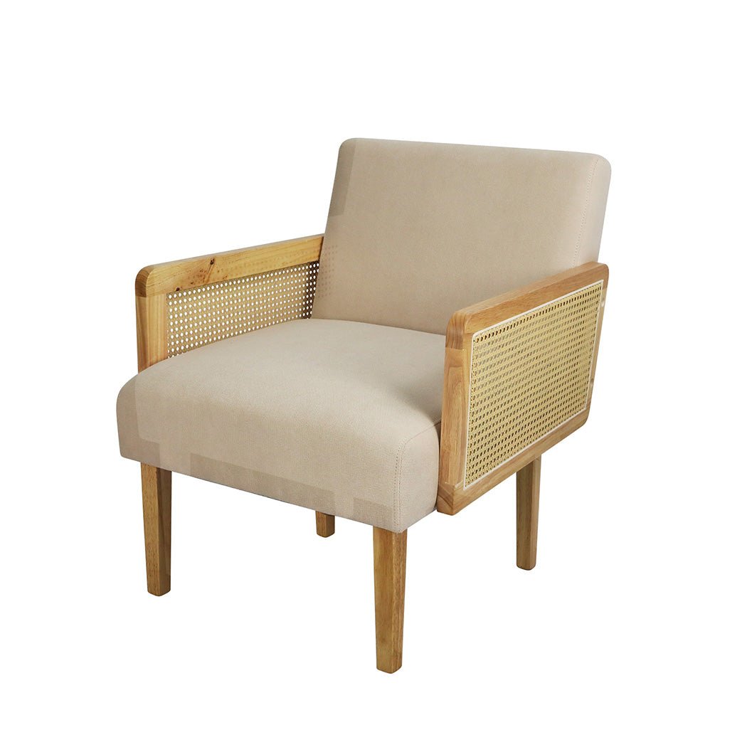 Rattan Lounge Armchair with Linen Cushion and Rubberwood Frame - Natural - Rivercity House & Home Co. (ABN 18 642 972 209) - Affordable Modern Furniture Australia