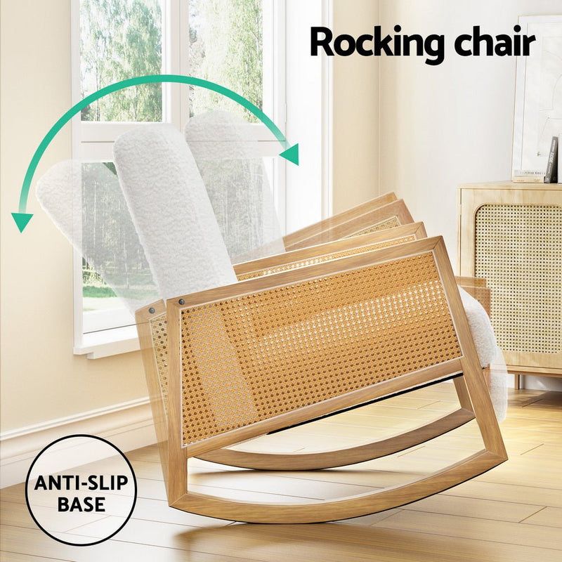 Rattan Style Rocking Chair With Boucle Sherpa Upholstery White - Furniture > Living Room - Rivercity House & Home Co. (ABN 18 642 972 209) - Affordable Modern Furniture Australia