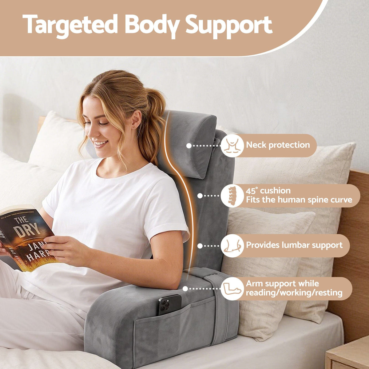 Reading Pillow For Bed With Non-Sag Solid Memory Foam, Back Pillow For Bed Sitting Up Gaming, Adjustable Neck Roll Detachable Arms And 210gsm Velvet Washable Cover - Home & Garden > Bedding > Pillows - Rivercity House & Home Co. (ABN 18 642 972 209) - Affordable Modern Furniture Australia