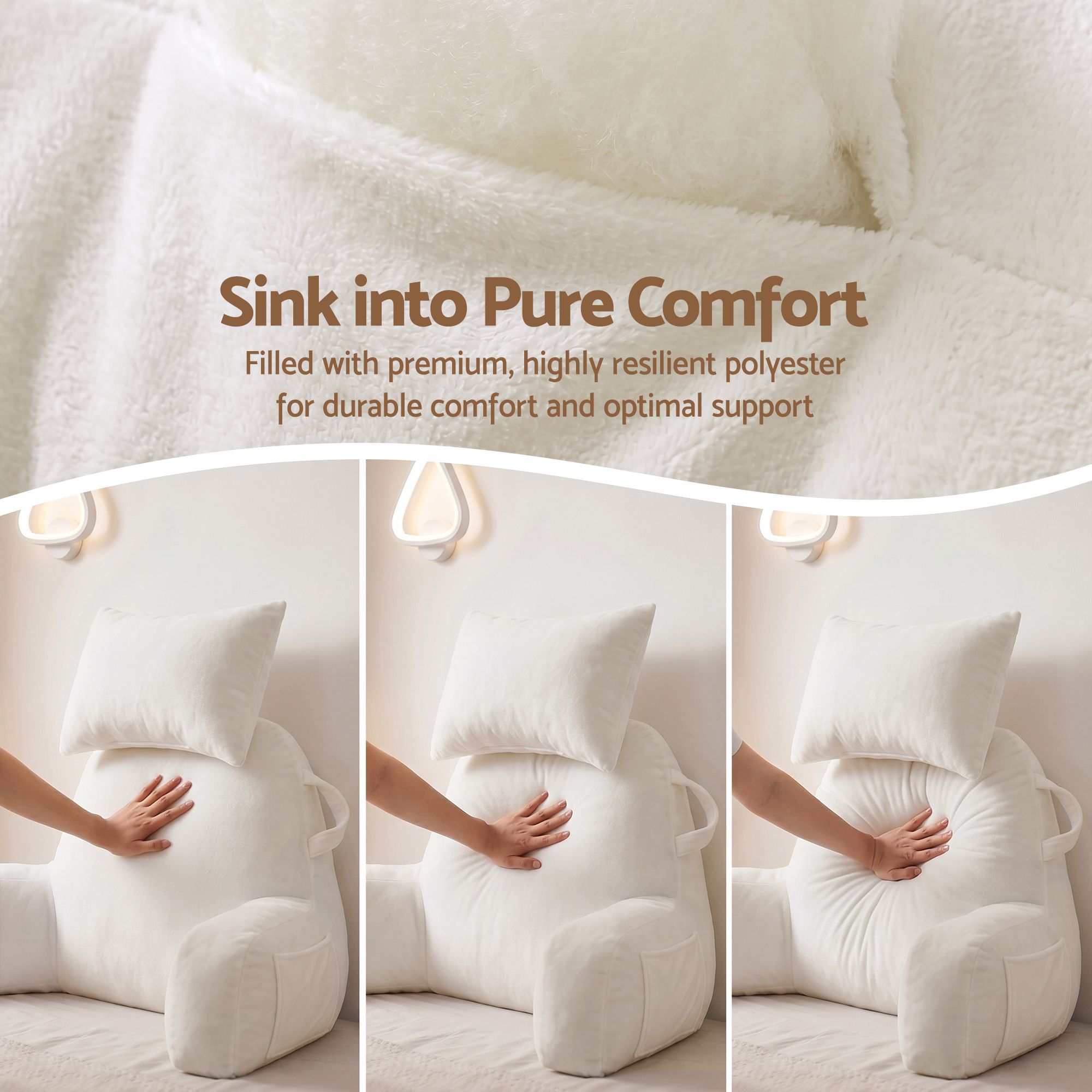 Reading Pillow with Detachable Neck Roll, Armrests, Side Pockets and Back Support 100x27x60cm - Beige - Home & Garden > Bedding > Pillows - Rivercity House & Home Co. (ABN 18 642 972 209) - Affordable Modern Furniture Australia