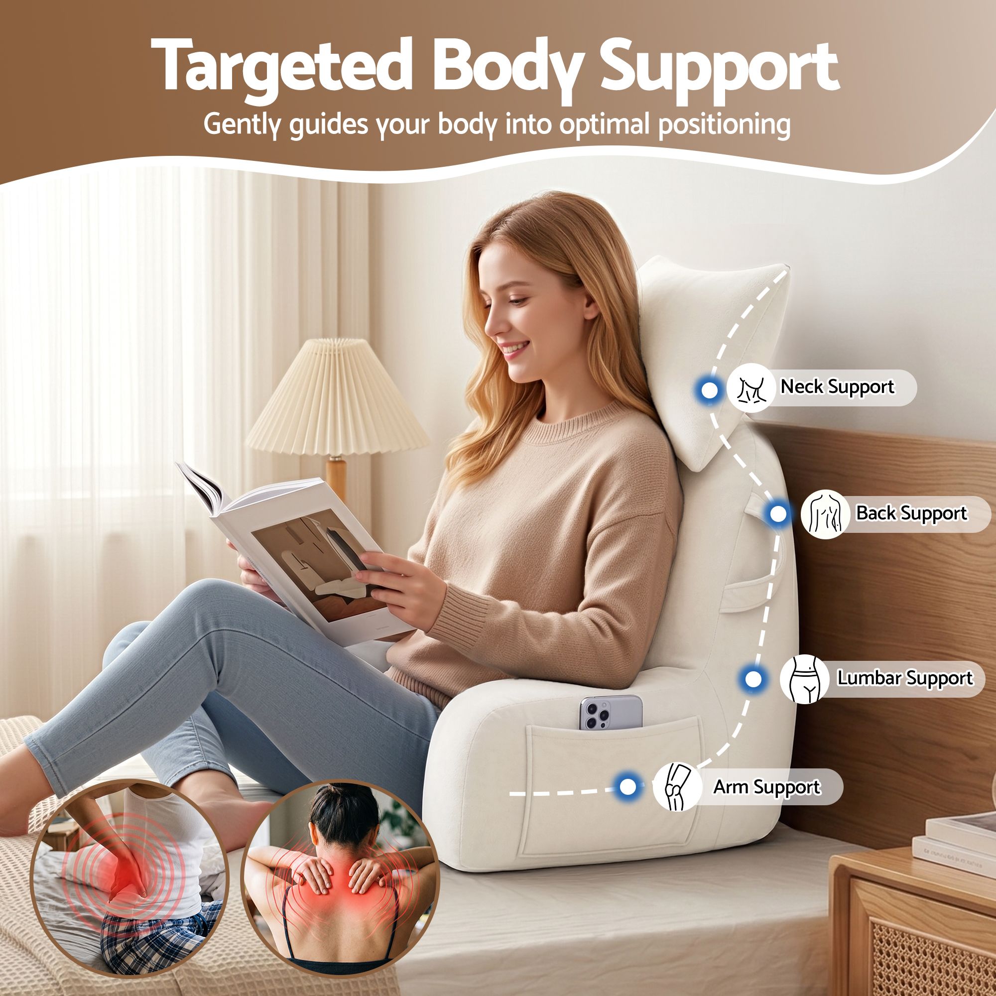 Reading Pillow with Detachable Neck Roll, Armrests, Side Pockets and Back Support 100x27x60cm - Beige - Home & Garden > Bedding > Pillows - Rivercity House & Home Co. (ABN 18 642 972 209) - Affordable Modern Furniture Australia