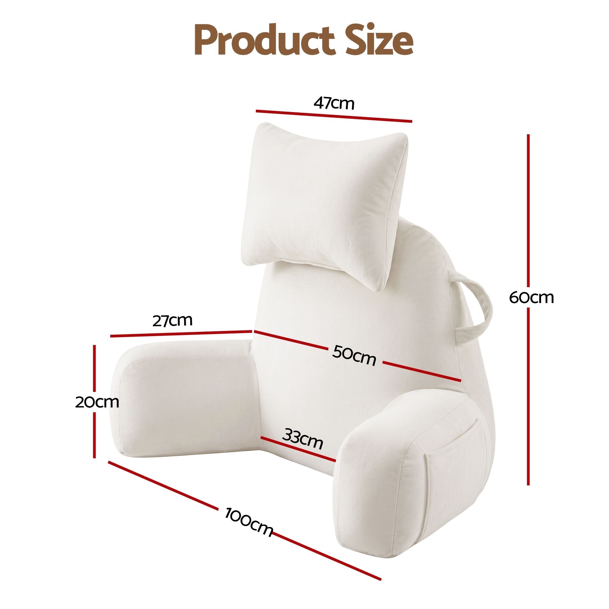 Reading Pillow with Detachable Neck Roll, Armrests, Side Pockets and Back Support 100x27x60cm - Beige - Home & Garden > Bedding > Pillows - Rivercity House & Home Co. (ABN 18 642 972 209) - Affordable Modern Furniture Australia