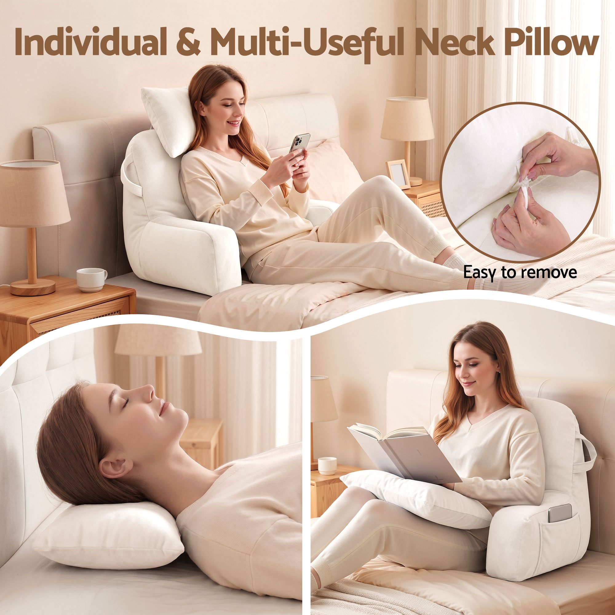 Reading Pillow with Detachable Neck Roll, Armrests, Side Pockets and Back Support 100x27x60cm - Beige - Home & Garden > Bedding > Pillows - Rivercity House & Home Co. (ABN 18 642 972 209) - Affordable Modern Furniture Australia