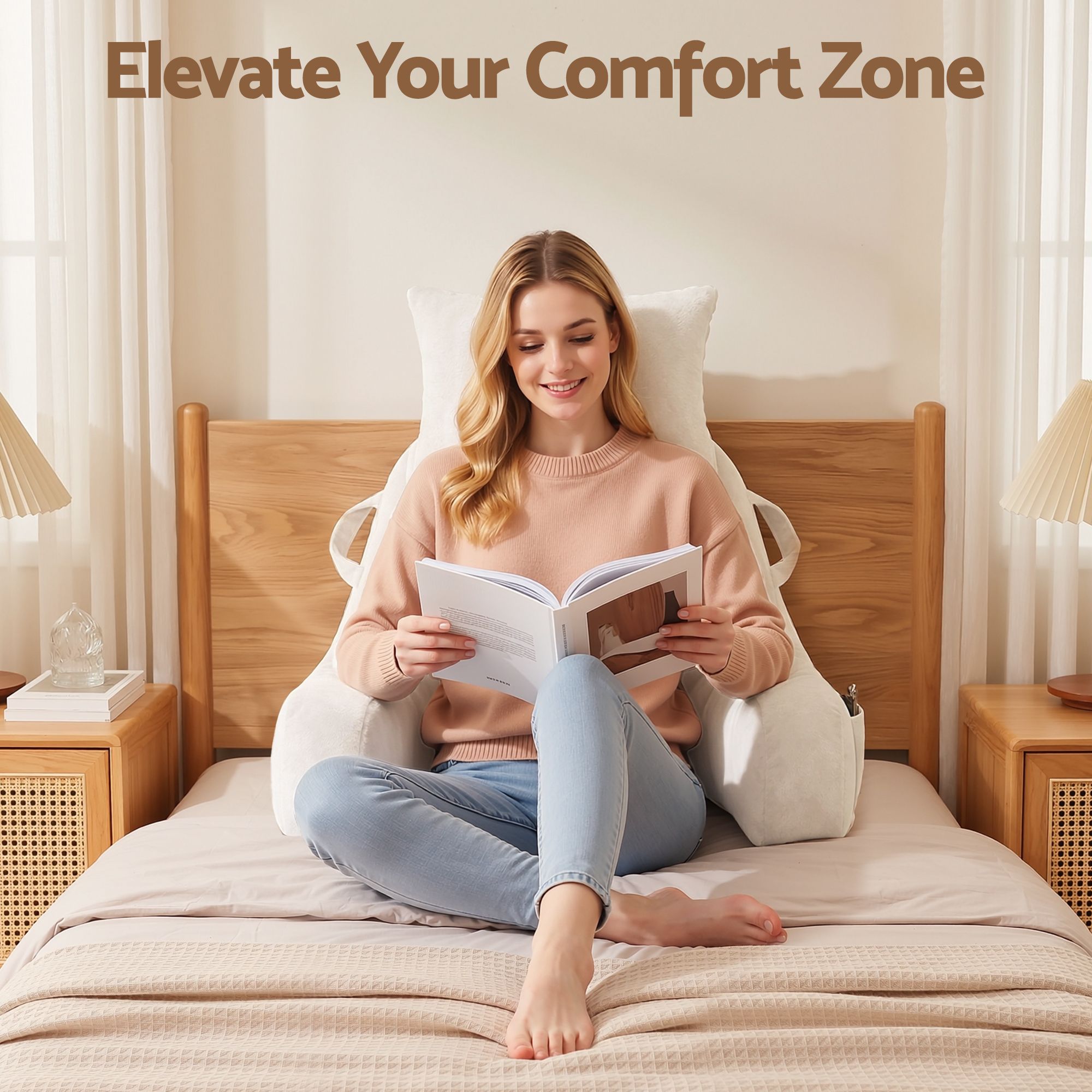 Reading Pillow with Detachable Neck Roll, Armrests, Side Pockets and Back Support 100x27x60cm - Beige - Home & Garden > Bedding > Pillows - Rivercity House & Home Co. (ABN 18 642 972 209) - Affordable Modern Furniture Australia