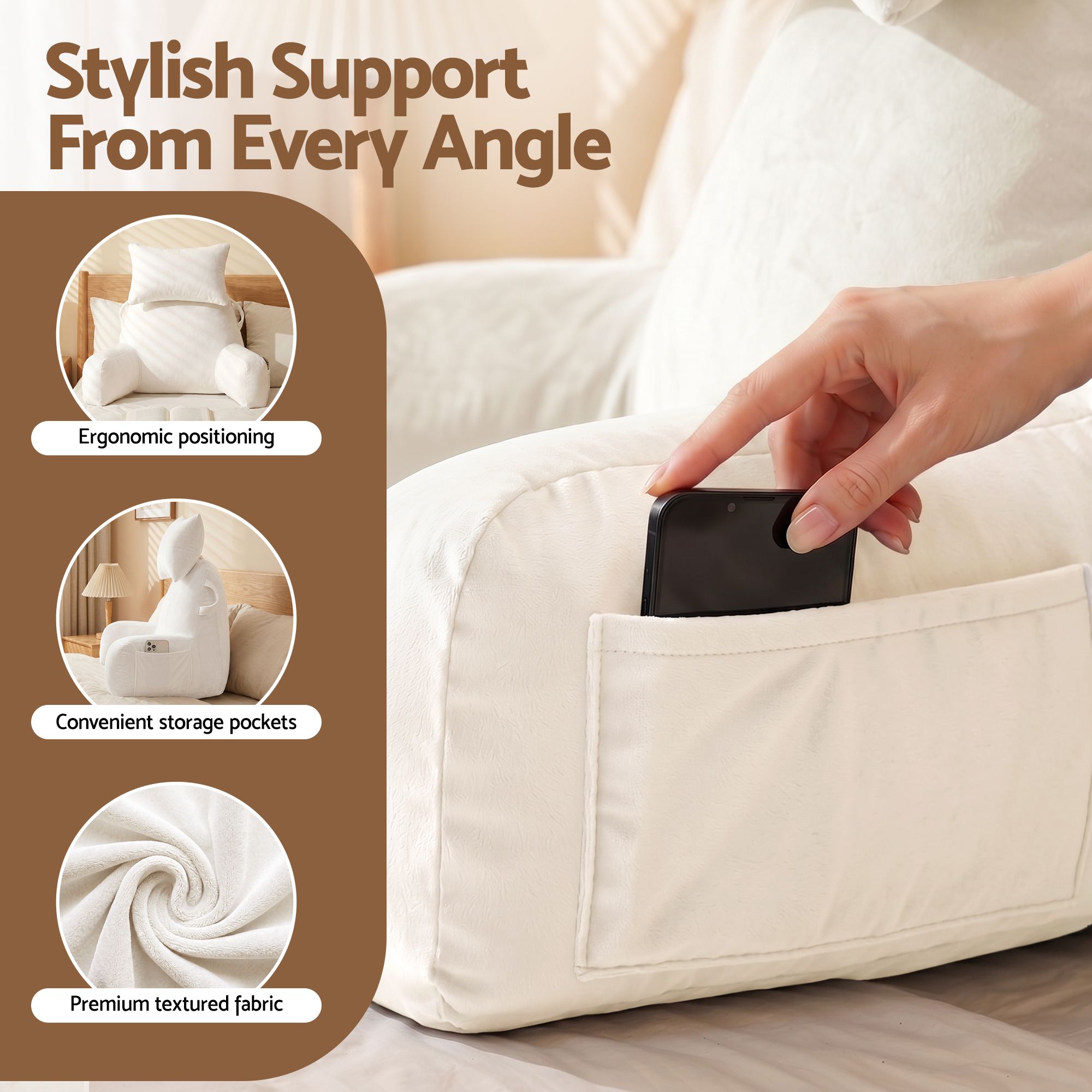 Reading Pillow with Detachable Neck Roll, Armrests, Side Pockets and Back Support 100x27x60cm - Beige - Home & Garden > Bedding > Pillows - Rivercity House & Home Co. (ABN 18 642 972 209) - Affordable Modern Furniture Australia