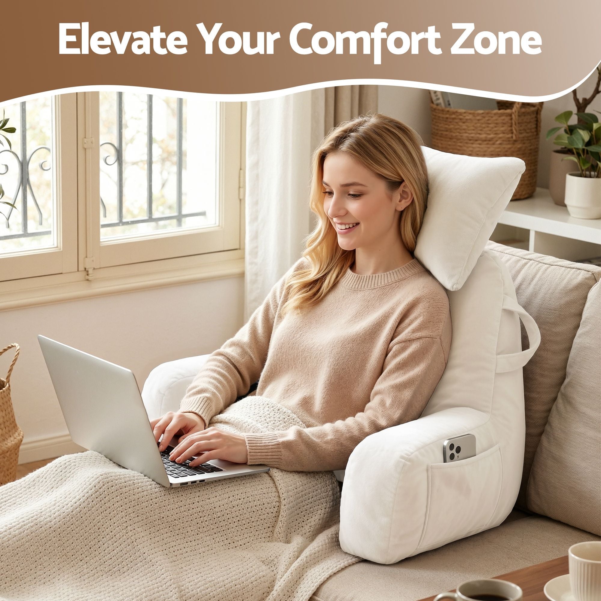 Reading Pillow with Detachable Neck Roll, Armrests, Side Pockets and Back Support 100x27x60cm - Beige - Home & Garden > Bedding > Pillows - Rivercity House & Home Co. (ABN 18 642 972 209) - Affordable Modern Furniture Australia