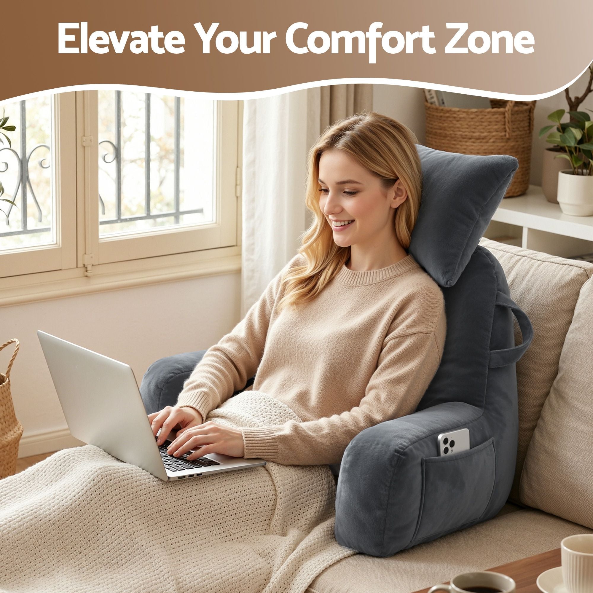 Reading Pillow with Detachable Neck Roll, Armrests, Side Pockets and Handle 100x27x60cm Back Support Pillow for Bed - Gray - Home & Garden > Bedding > Pillows - Rivercity House & Home Co. (ABN 18 642 972 209) - Affordable Modern Furniture Australia