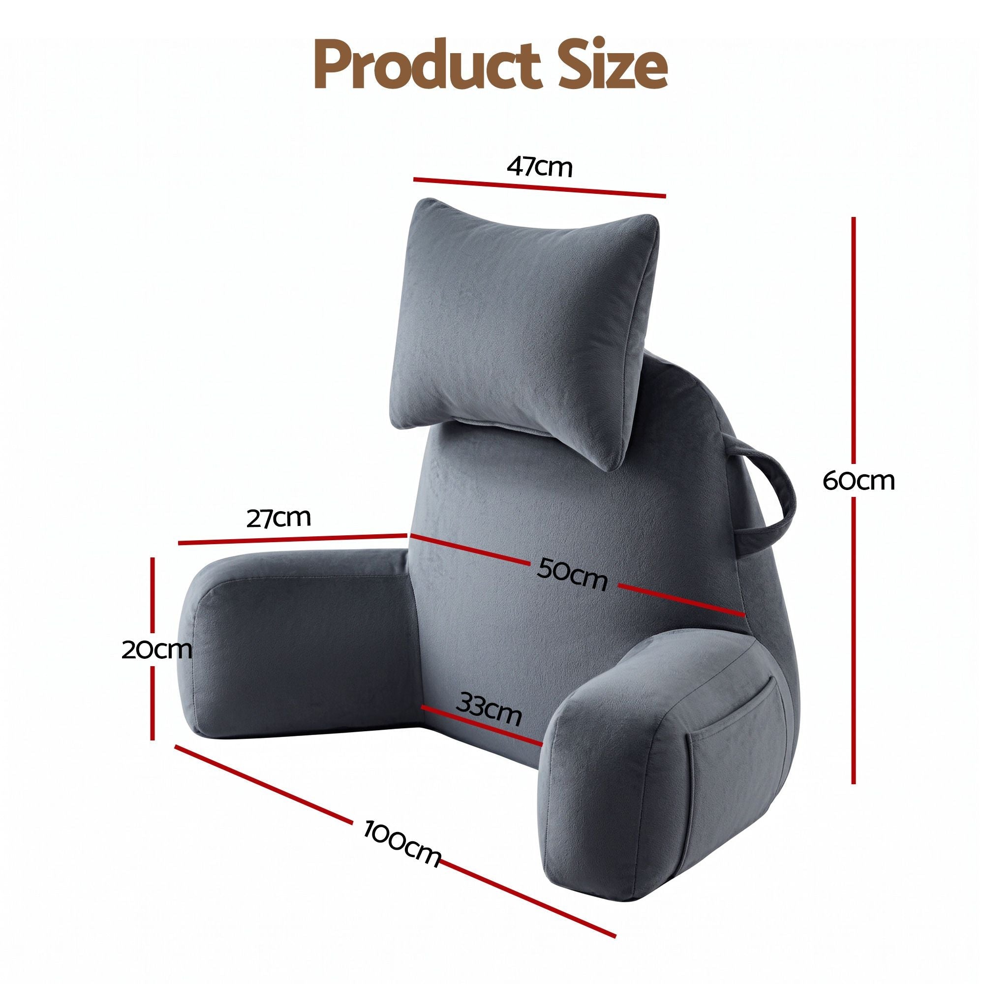 Reading Pillow with Detachable Neck Roll, Armrests, Side Pockets and Handle 100x27x60cm Back Support Pillow for Bed - Gray - Home & Garden > Bedding > Pillows - Rivercity House & Home Co. (ABN 18 642 972 209) - Affordable Modern Furniture Australia
