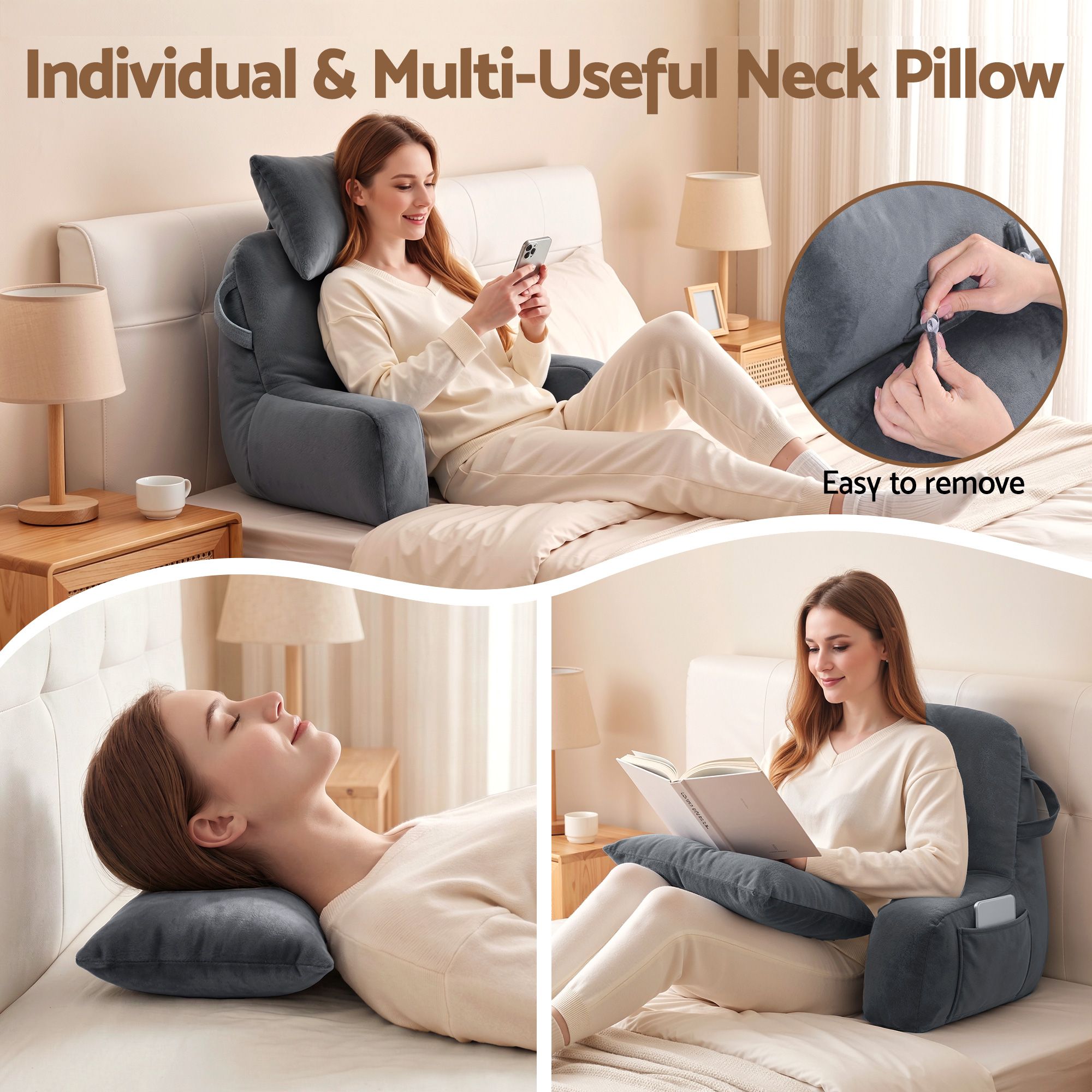 Reading Pillow with Detachable Neck Roll, Armrests, Side Pockets and Handle 100x27x60cm Back Support Pillow for Bed - Gray - Home & Garden > Bedding > Pillows - Rivercity House & Home Co. (ABN 18 642 972 209) - Affordable Modern Furniture Australia